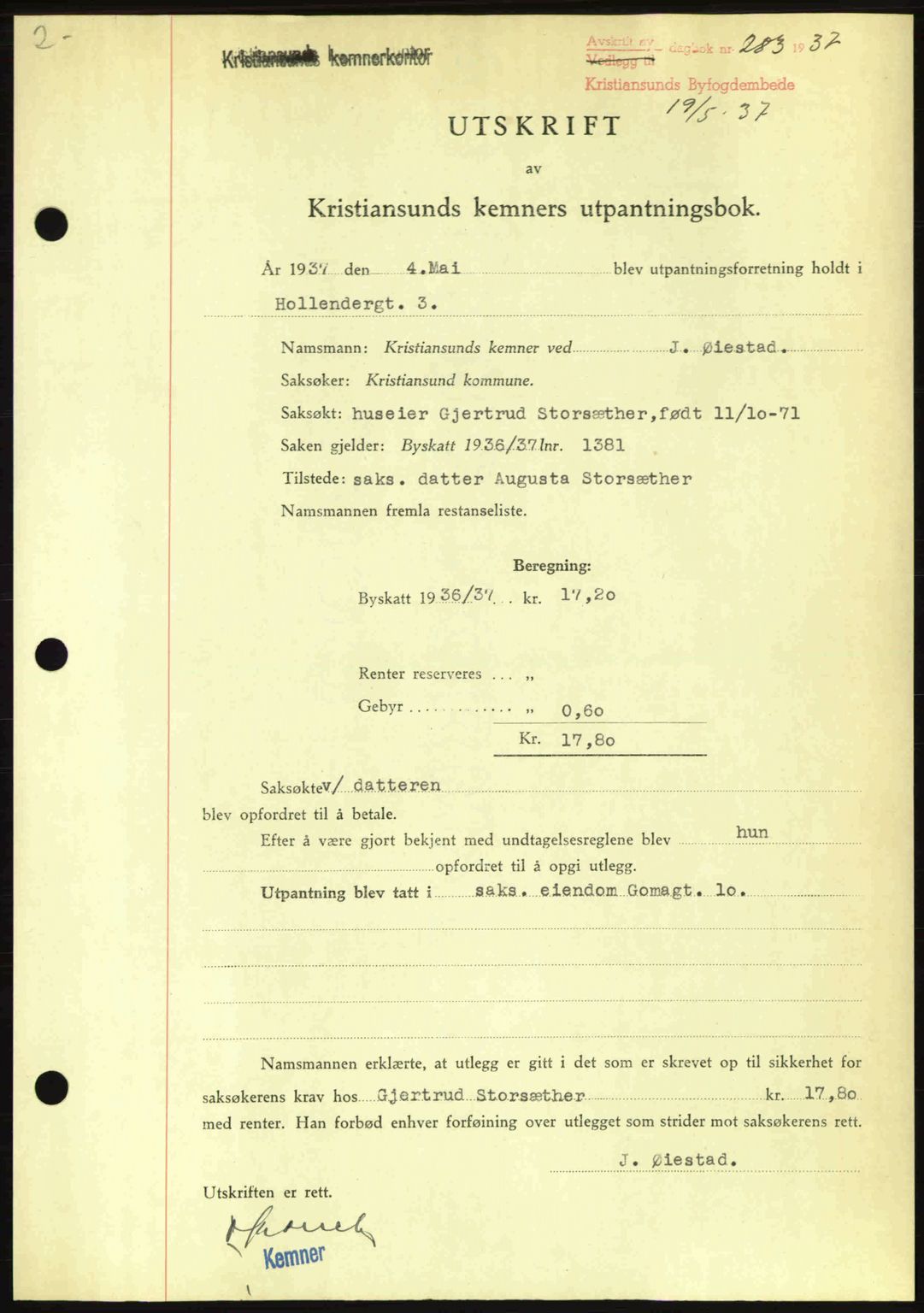 Kristiansund byfogd, AV/SAT-A-4587/A/27: Mortgage book no. 29, 1936-1937, Diary no: : 283/1937