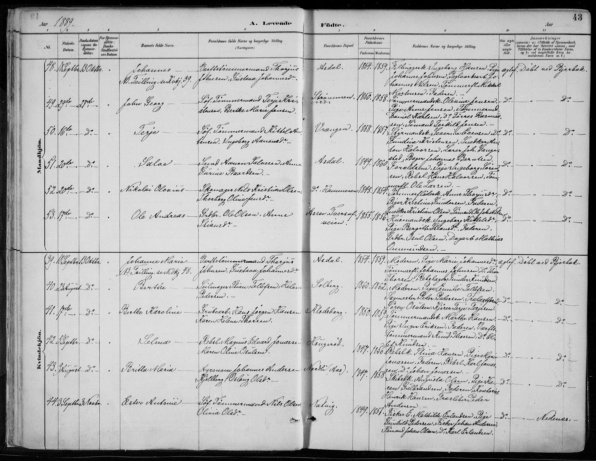 Øyestad sokneprestkontor, SAK/1111-0049/F/Fa/L0017: Parish register (official) no. A 17, 1887-1896, p. 43
