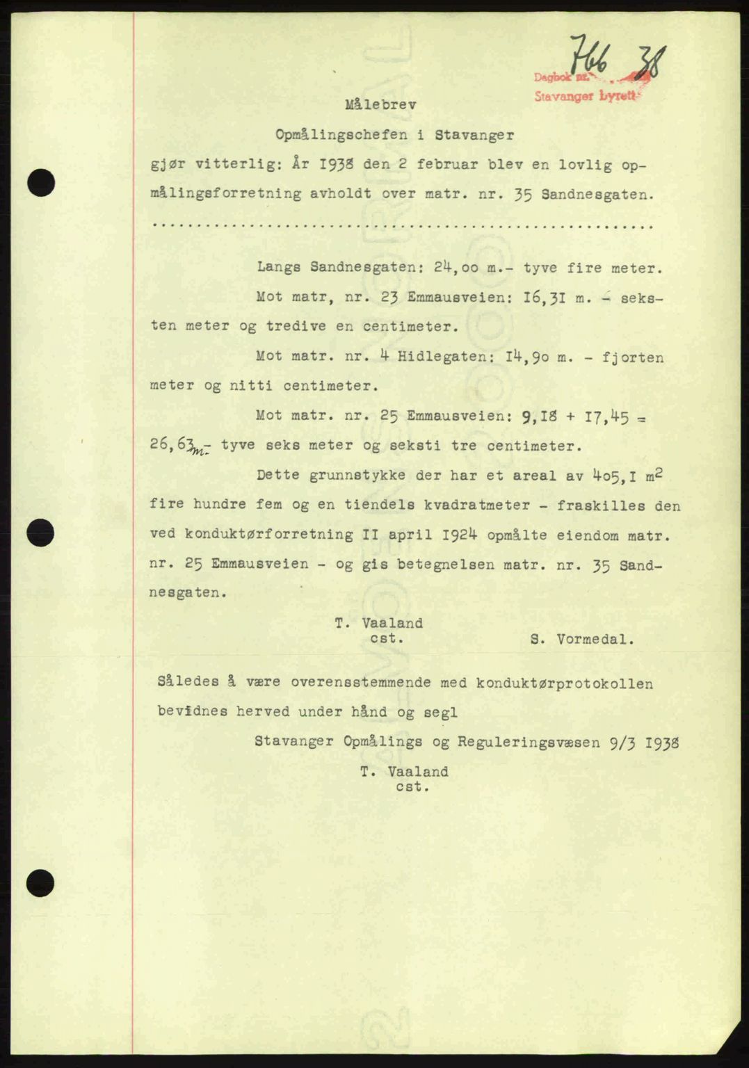 Stavanger byrett, SAST/A-100455/002/G/Gb/L0013: Mortgage book no. A3, 1937-1938, Diary no: : 766/1938