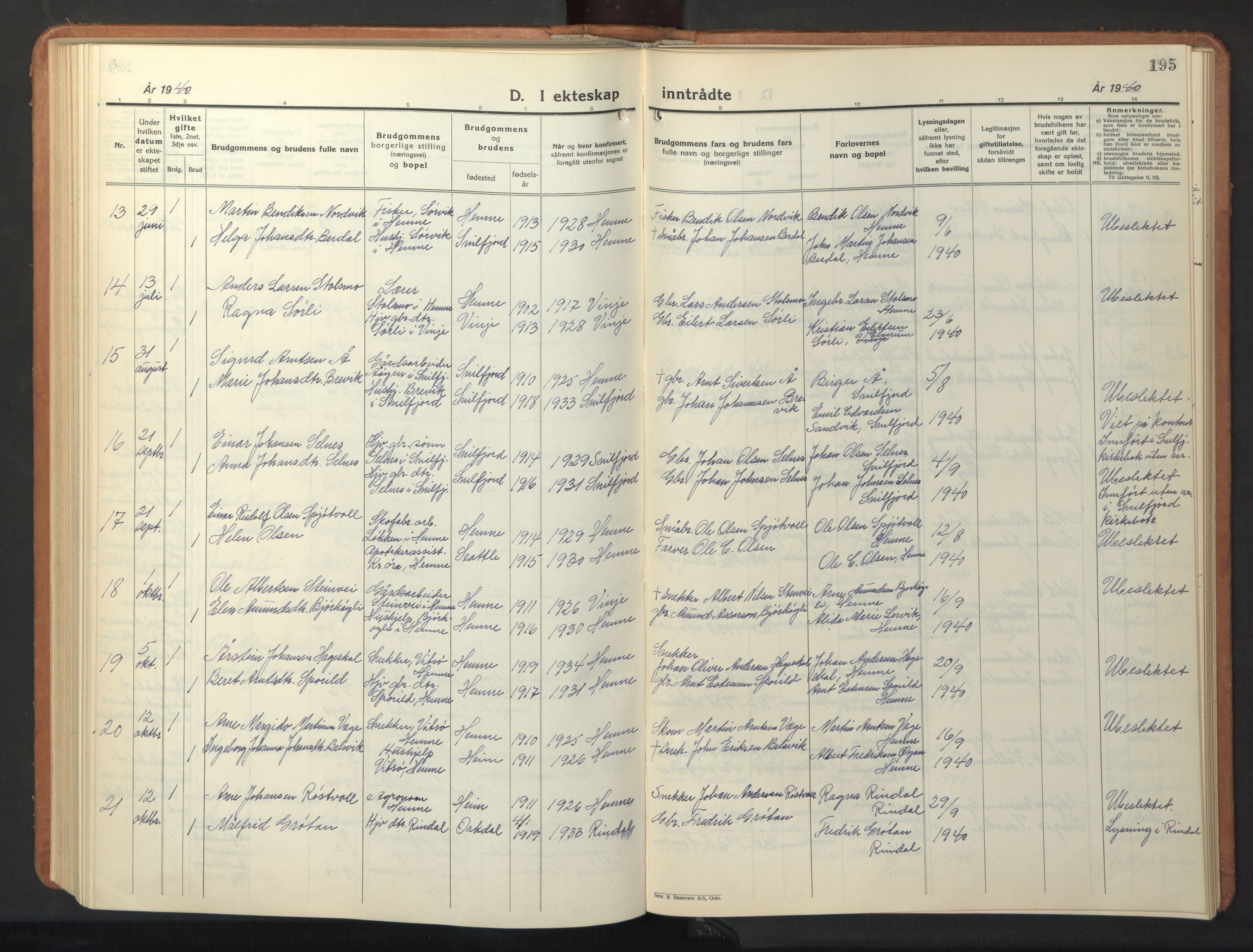 Ministerialprotokoller, klokkerbøker og fødselsregistre - Sør-Trøndelag, AV/SAT-A-1456/630/L0508: Parish register (copy) no. 630C06, 1933-1950, p. 195