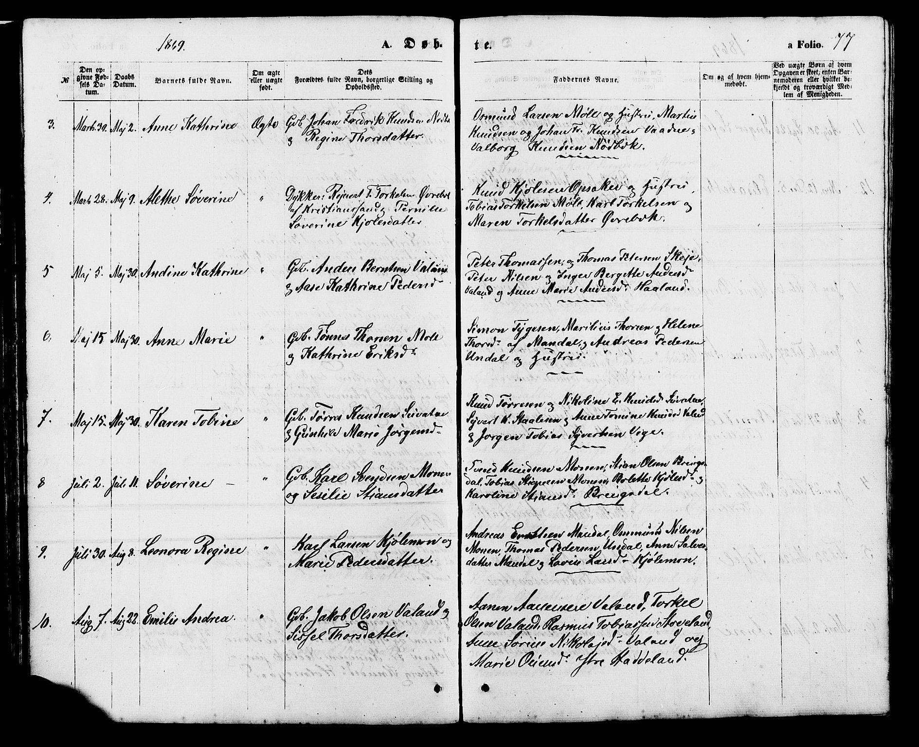 Holum sokneprestkontor, AV/SAK-1111-0022/F/Fb/Fba/L0004: Parish register (copy) no. B 4, 1867-1890, p. 77