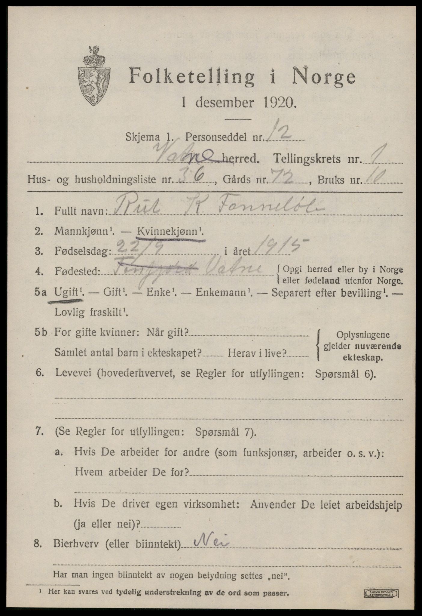 SAT, 1920 census for Vatne, 1920, p. 1072