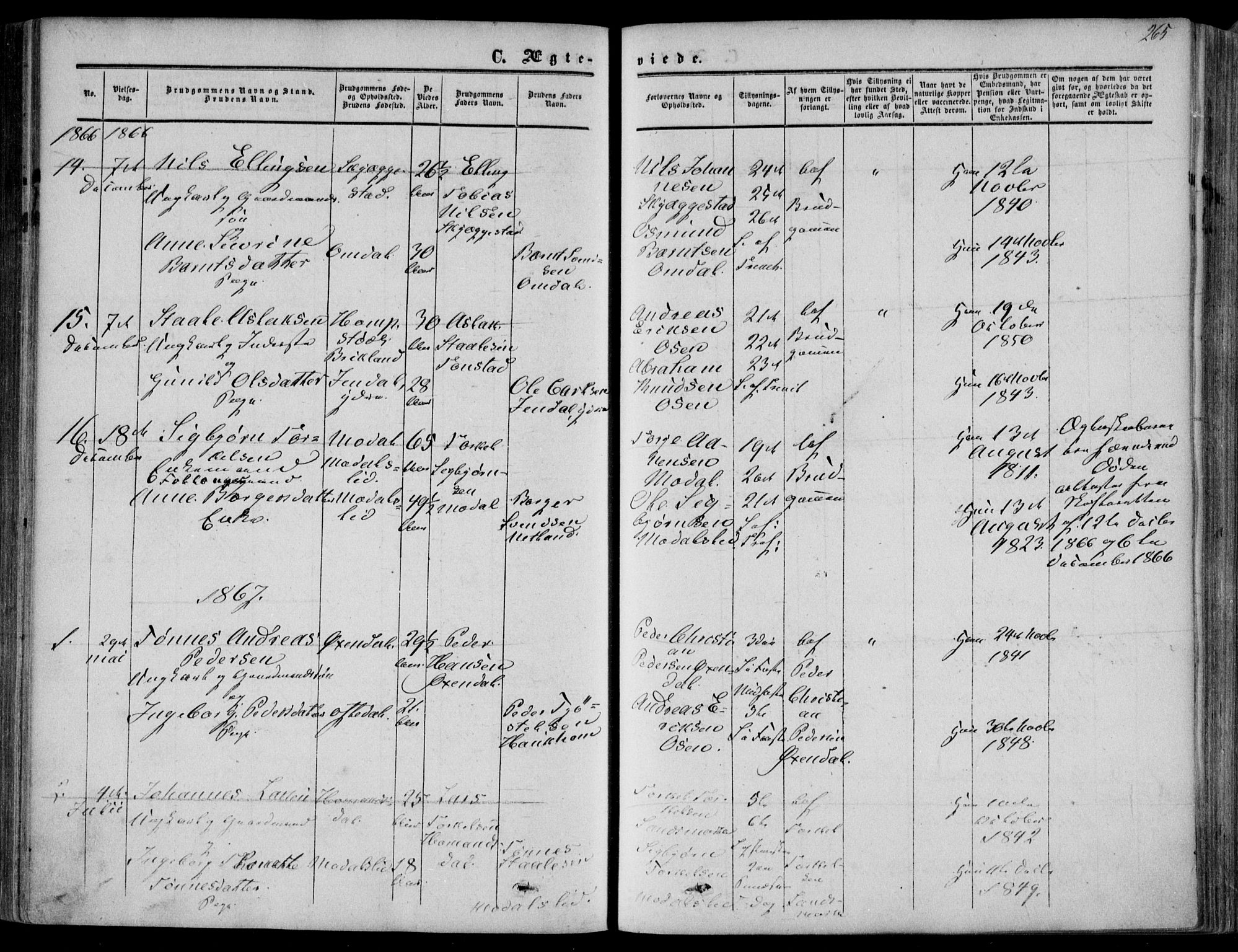 Bakke sokneprestkontor, SAK/1111-0002/F/Fa/Faa/L0006: Parish register (official) no. A 6, 1855-1877, p. 265