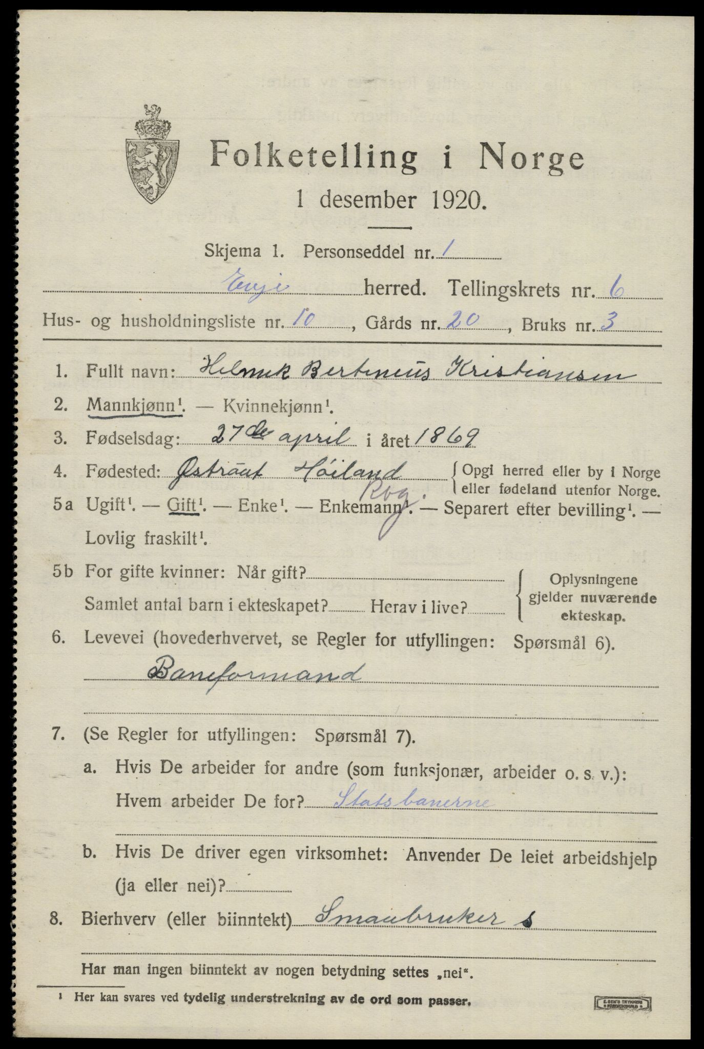 SAK, 1920 census for Evje, 1920, p. 2228