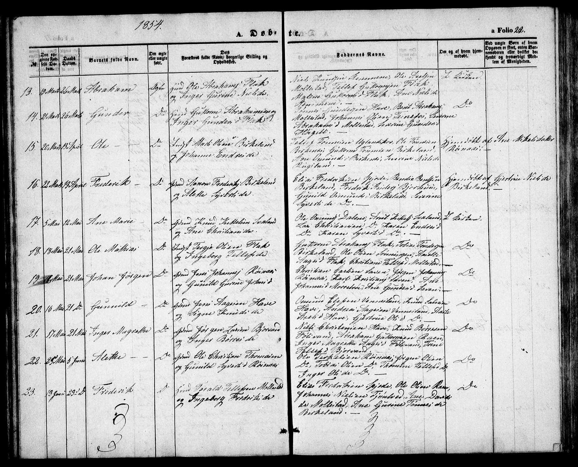 Birkenes sokneprestkontor, SAK/1111-0004/F/Fb/L0002: Parish register (copy) no. B 2, 1849-1876, p. 22