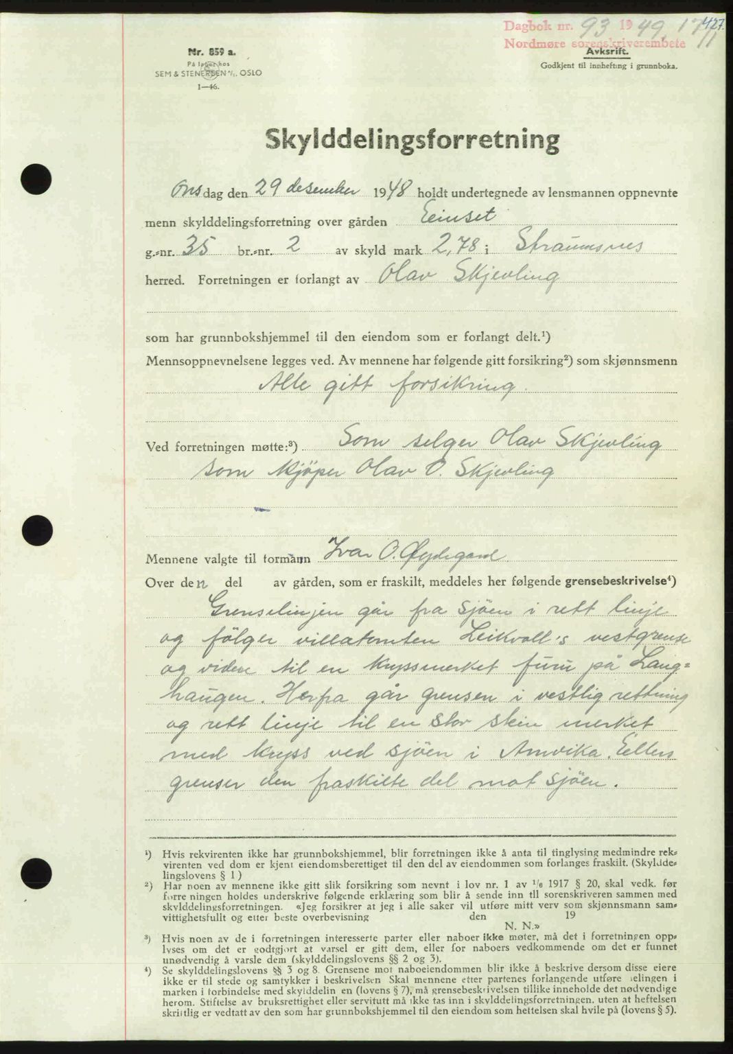 Nordmøre sorenskriveri, AV/SAT-A-4132/1/2/2Ca: Mortgage book no. A110, 1948-1949, Diary no: : 93/1949