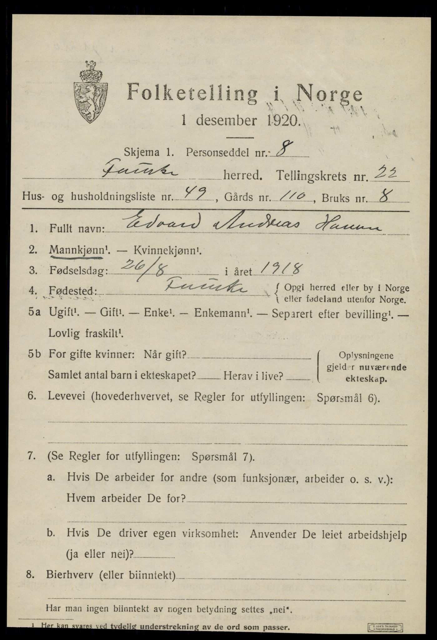 SAT, 1920 census for Fauske, 1920, p. 14150