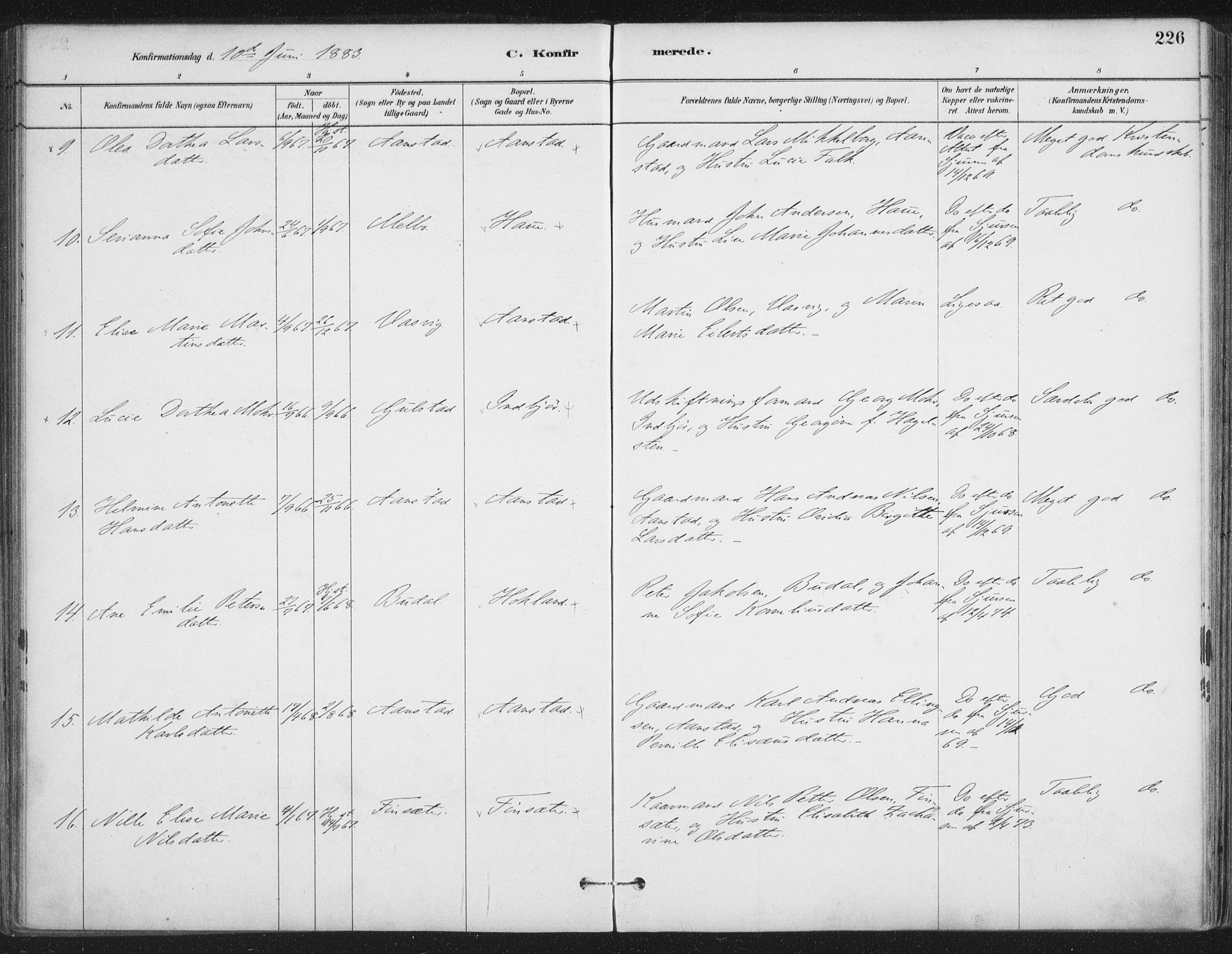 Ministerialprotokoller, klokkerbøker og fødselsregistre - Nordland, AV/SAT-A-1459/888/L1244: Parish register (official) no. 888A10, 1880-1890, p. 226