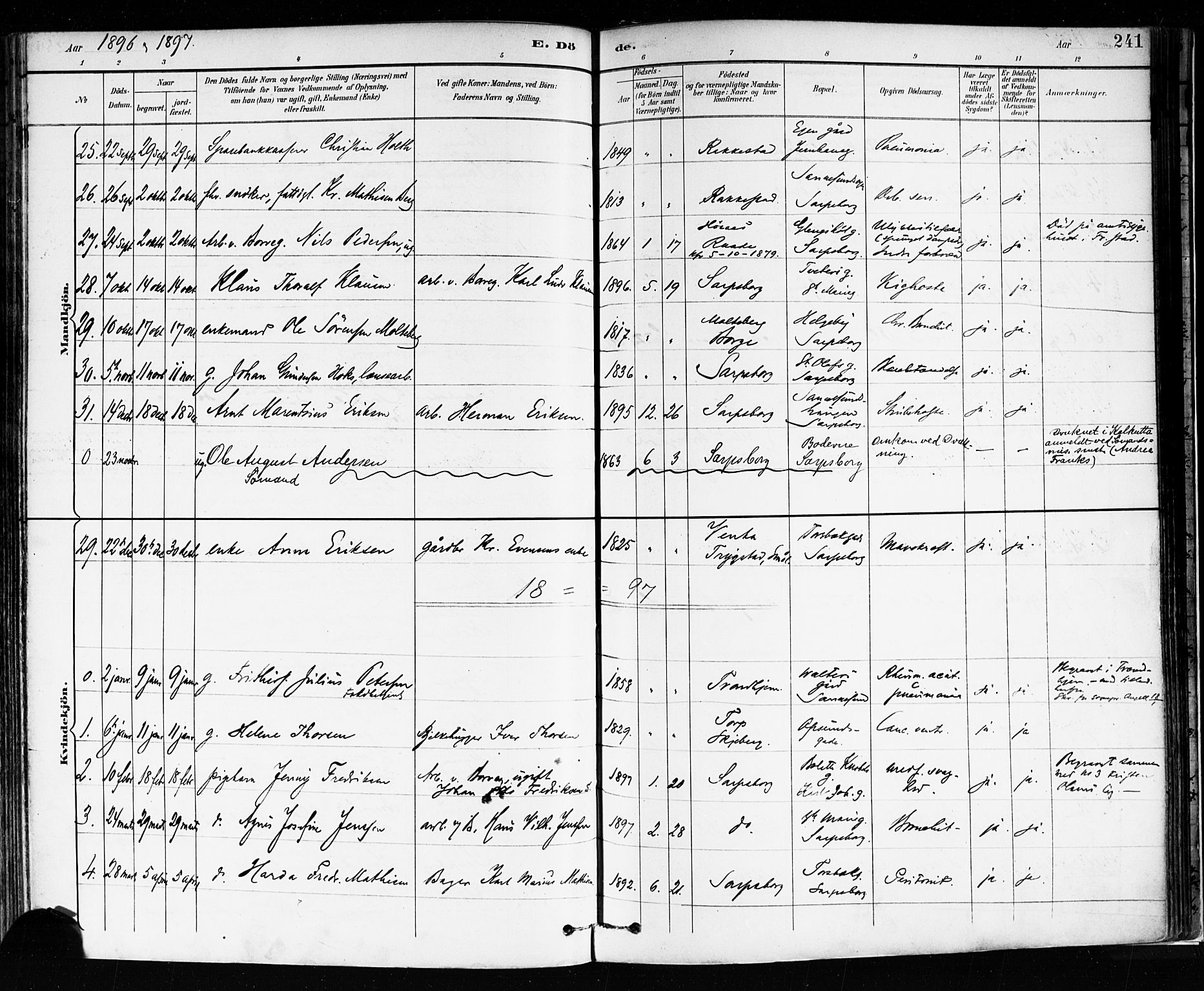 Sarpsborg prestekontor Kirkebøker, SAO/A-2006/F/Fa/L0004: Parish register (official) no. 4, 1892-1899, p. 241