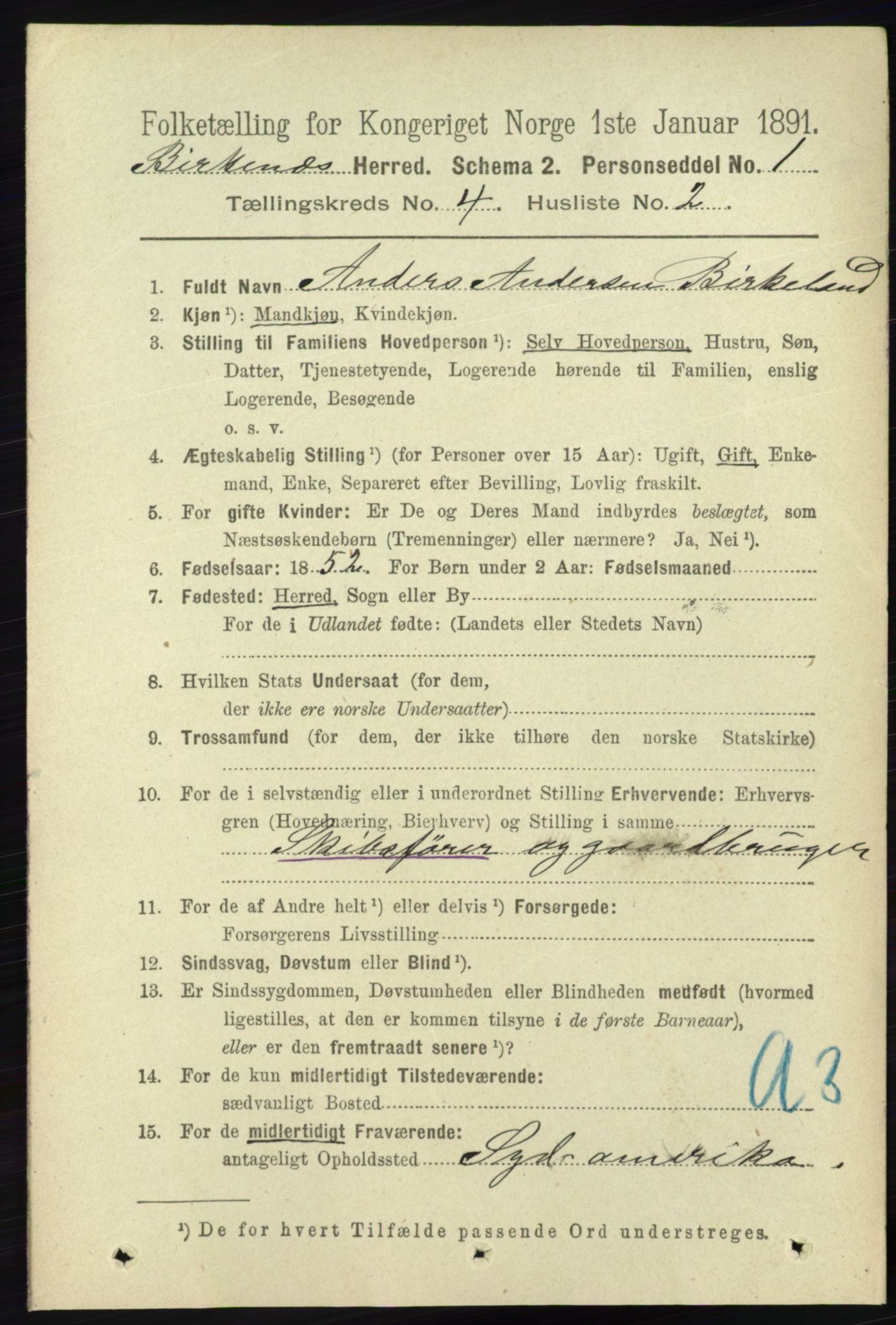 RA, 1891 Census for 0928 Birkenes, 1891, p. 1254