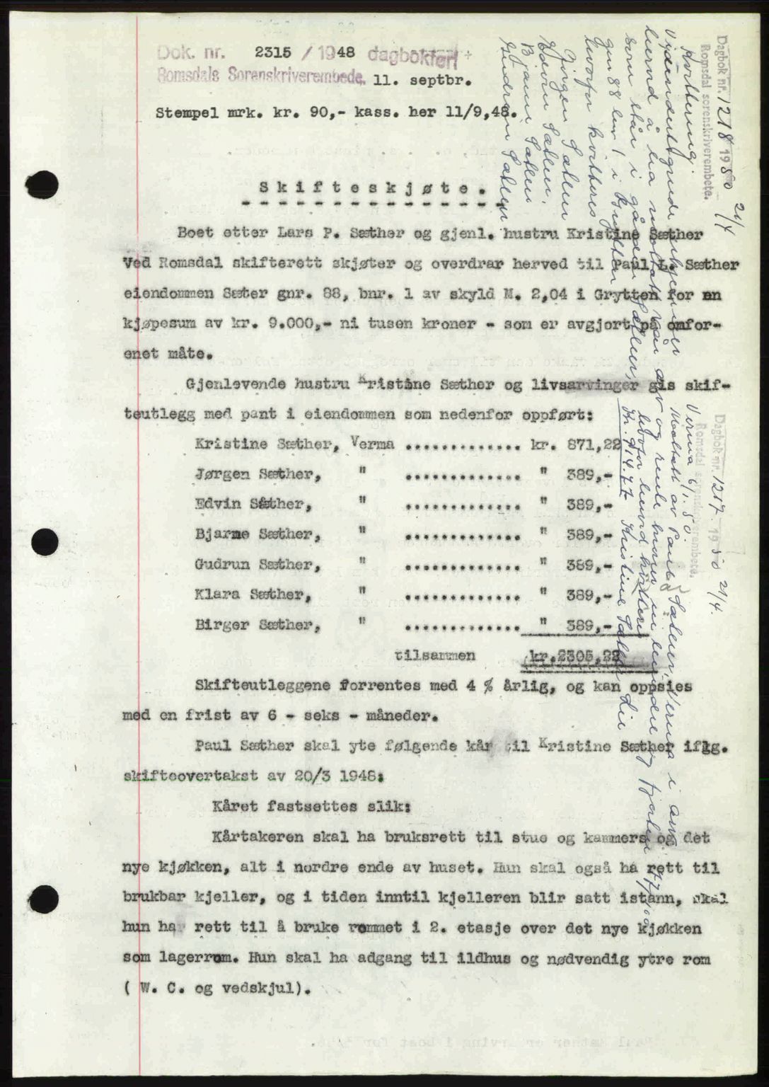 Romsdal sorenskriveri, AV/SAT-A-4149/1/2/2C: Mortgage book no. A27, 1948-1948, Diary no: : 2315/1948