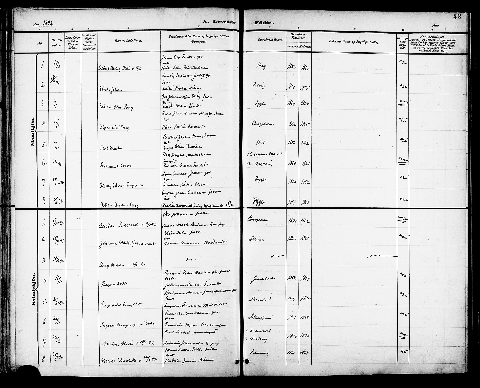 Ministerialprotokoller, klokkerbøker og fødselsregistre - Nordland, SAT/A-1459/882/L1179: Parish register (official) no. 882A01, 1886-1898, p. 43