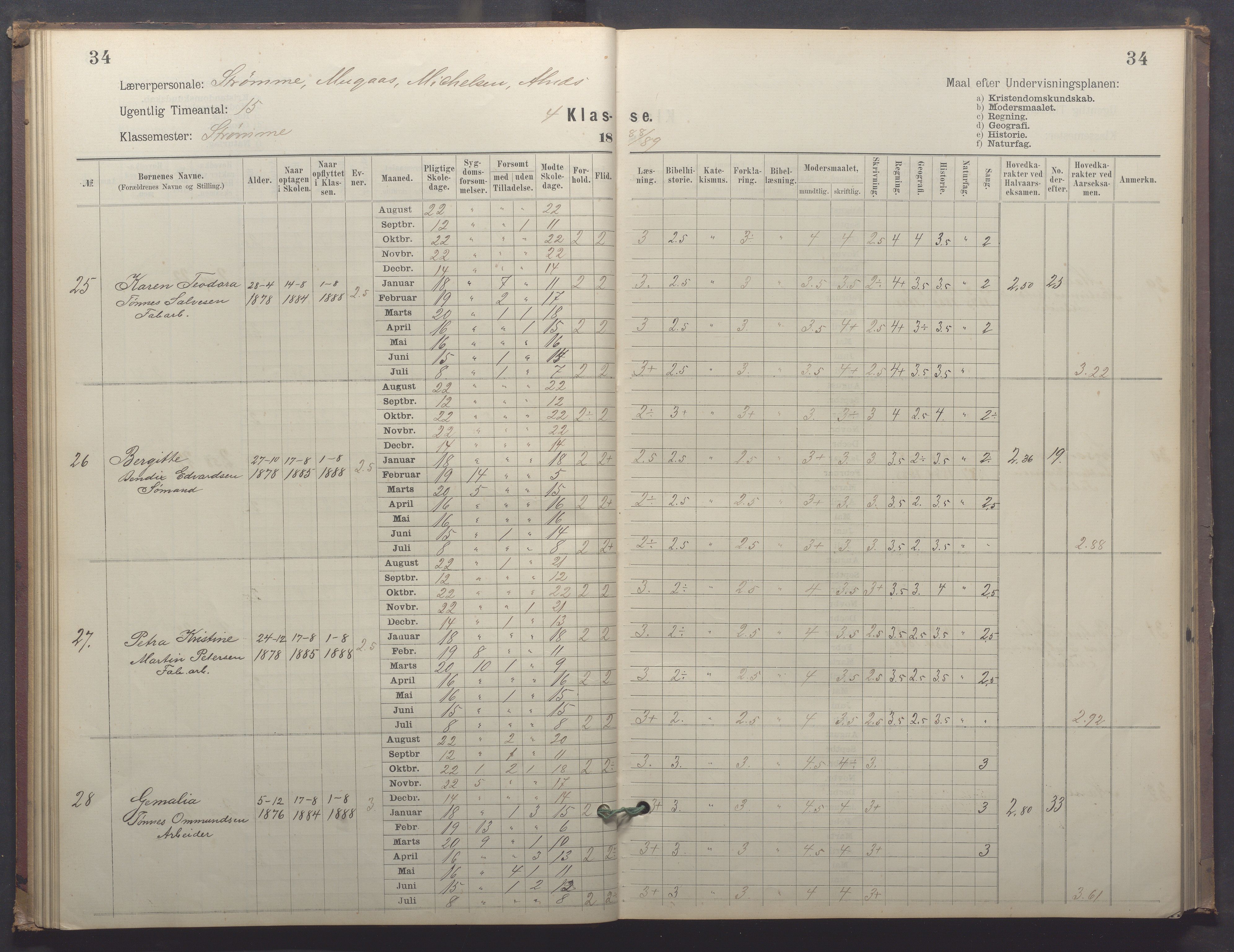 Egersund kommune (Ladested) - Egersund almueskole/folkeskole, IKAR/K-100521/H/L0025: Skoleprotokoll - Almueskolen, 4. klasse, 1887-1892, p. 34