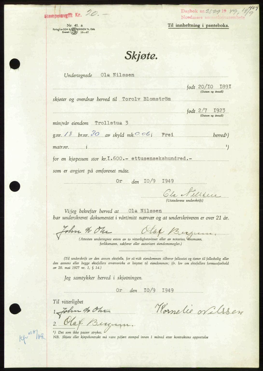 Nordmøre sorenskriveri, AV/SAT-A-4132/1/2/2Ca: Mortgage book no. A112, 1949-1949, Diary no: : 2529/1949