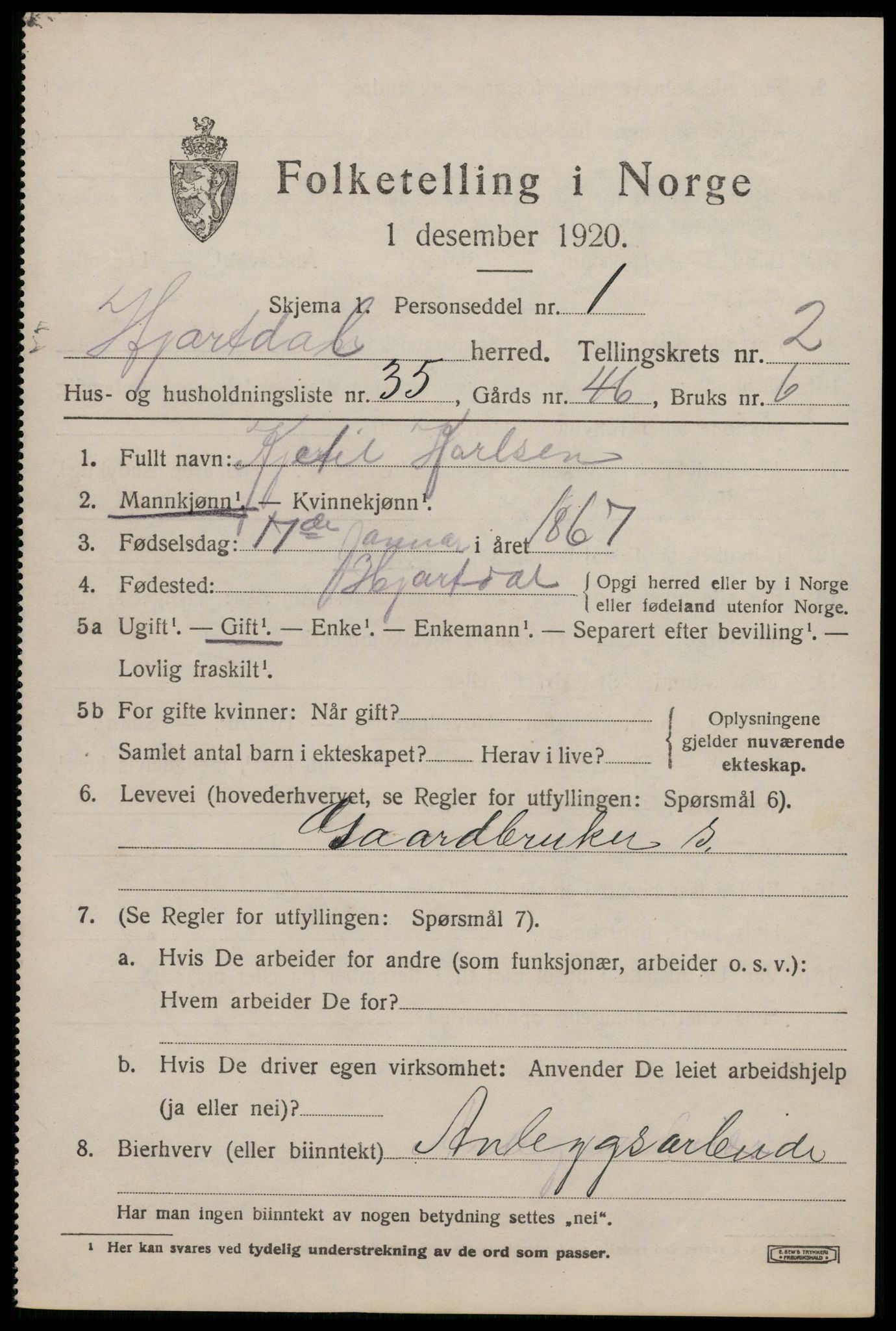SAKO, 1920 census for Hjartdal, 1920, p. 2194