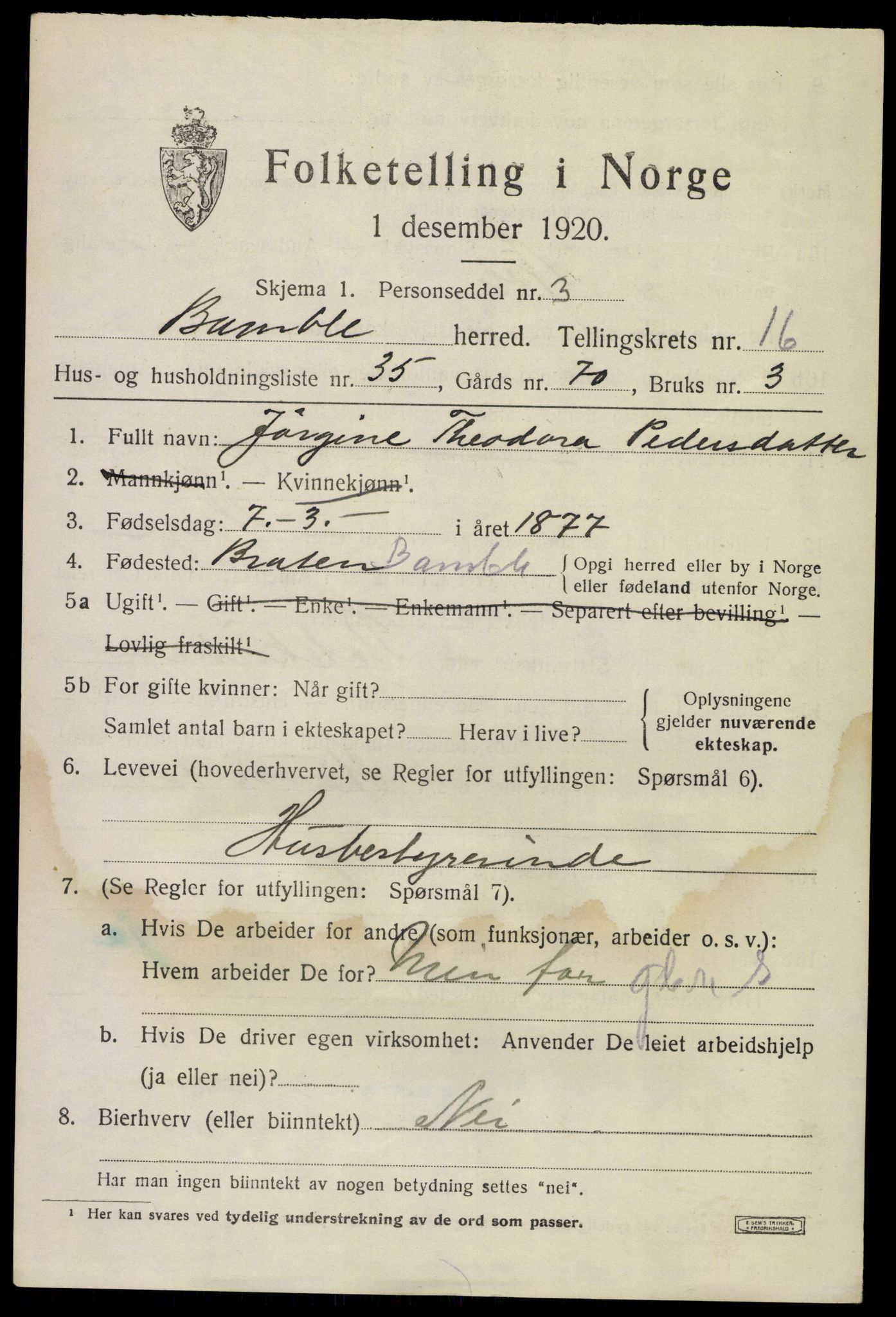 SAKO, 1920 census for Bamble, 1920, p. 11467