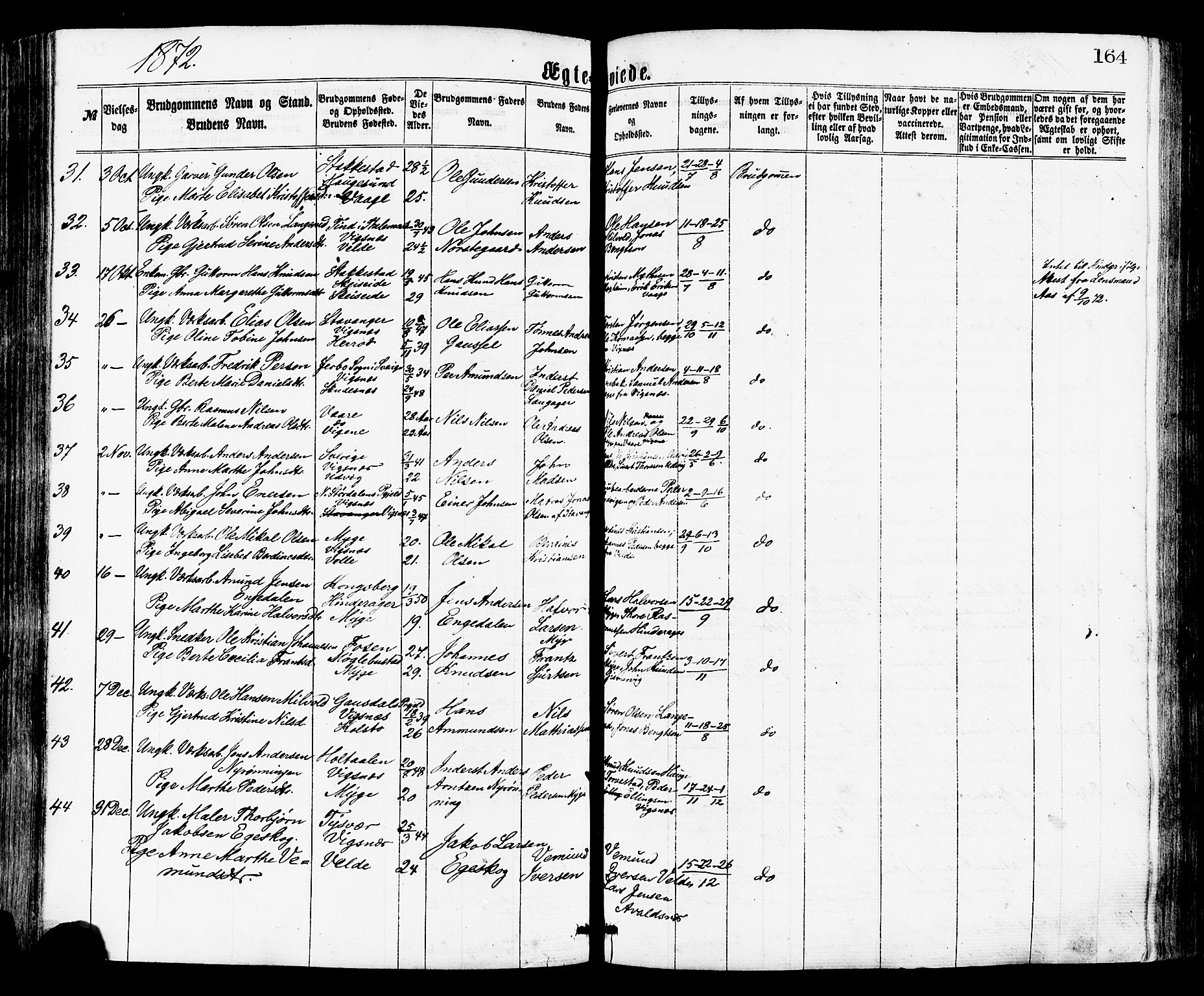 Avaldsnes sokneprestkontor, AV/SAST-A -101851/H/Ha/Haa/L0012: Parish register (official) no. A 12, 1865-1880, p. 164