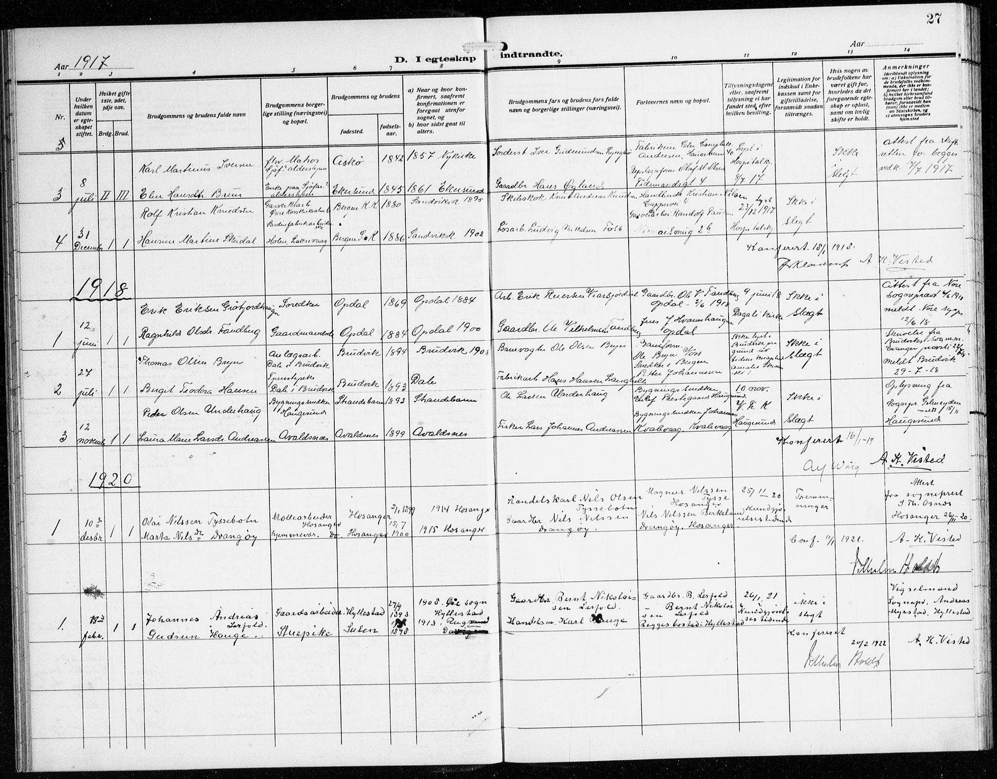 St. Jørgens hospital og Årstad sokneprestembete, SAB/A-99934: Parish register (copy) no. A 11, 1909-1935, p. 27