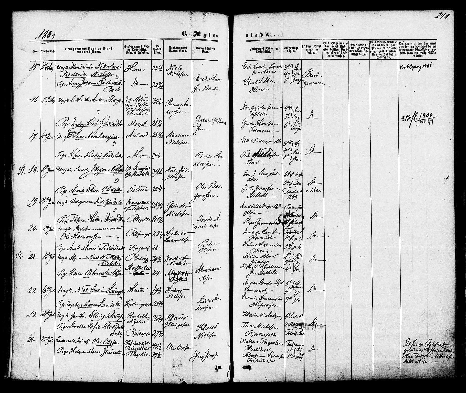 Bamble kirkebøker, AV/SAKO-A-253/F/Fa/L0006: Parish register (official) no. I 6, 1869-1877, p. 240