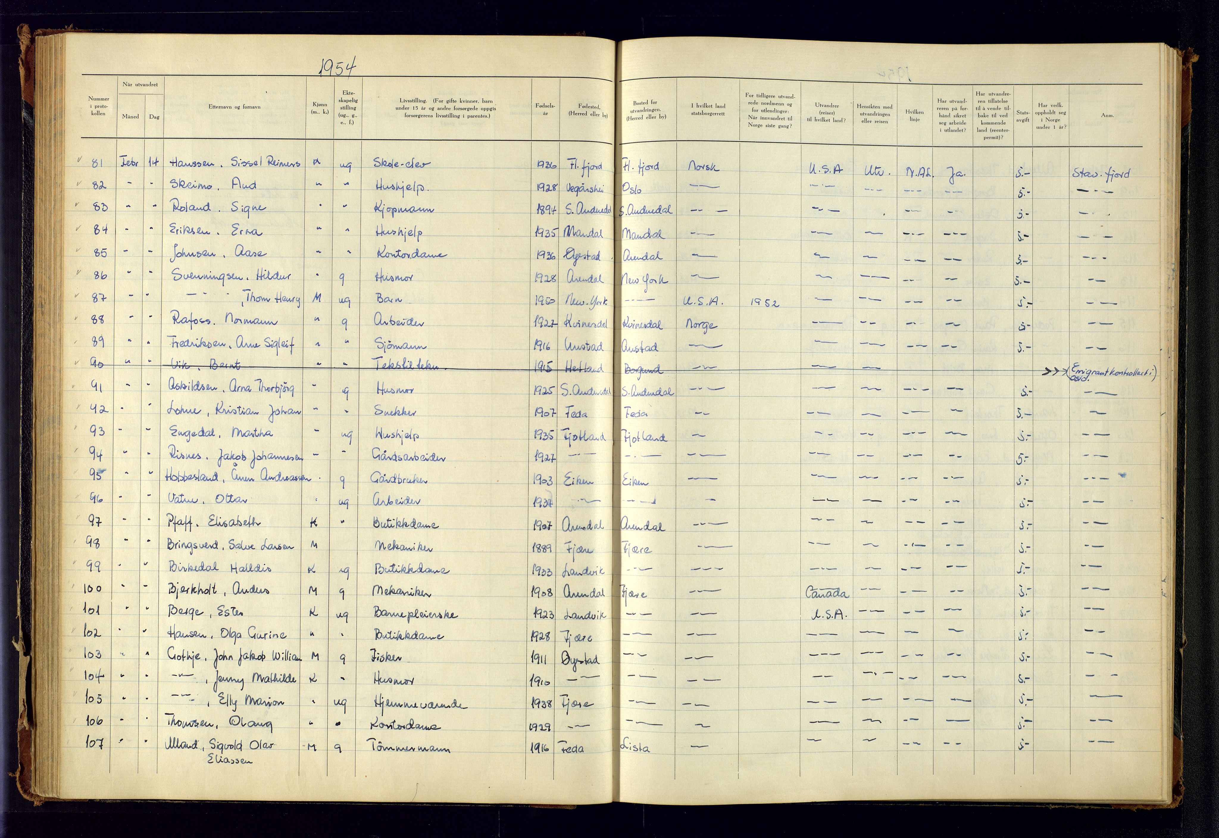 Kristiansand politikammer, AV/SAK-1243-0004/K/Kb/L0249: Emigrantprotokoll, 1951-1961, p. 72