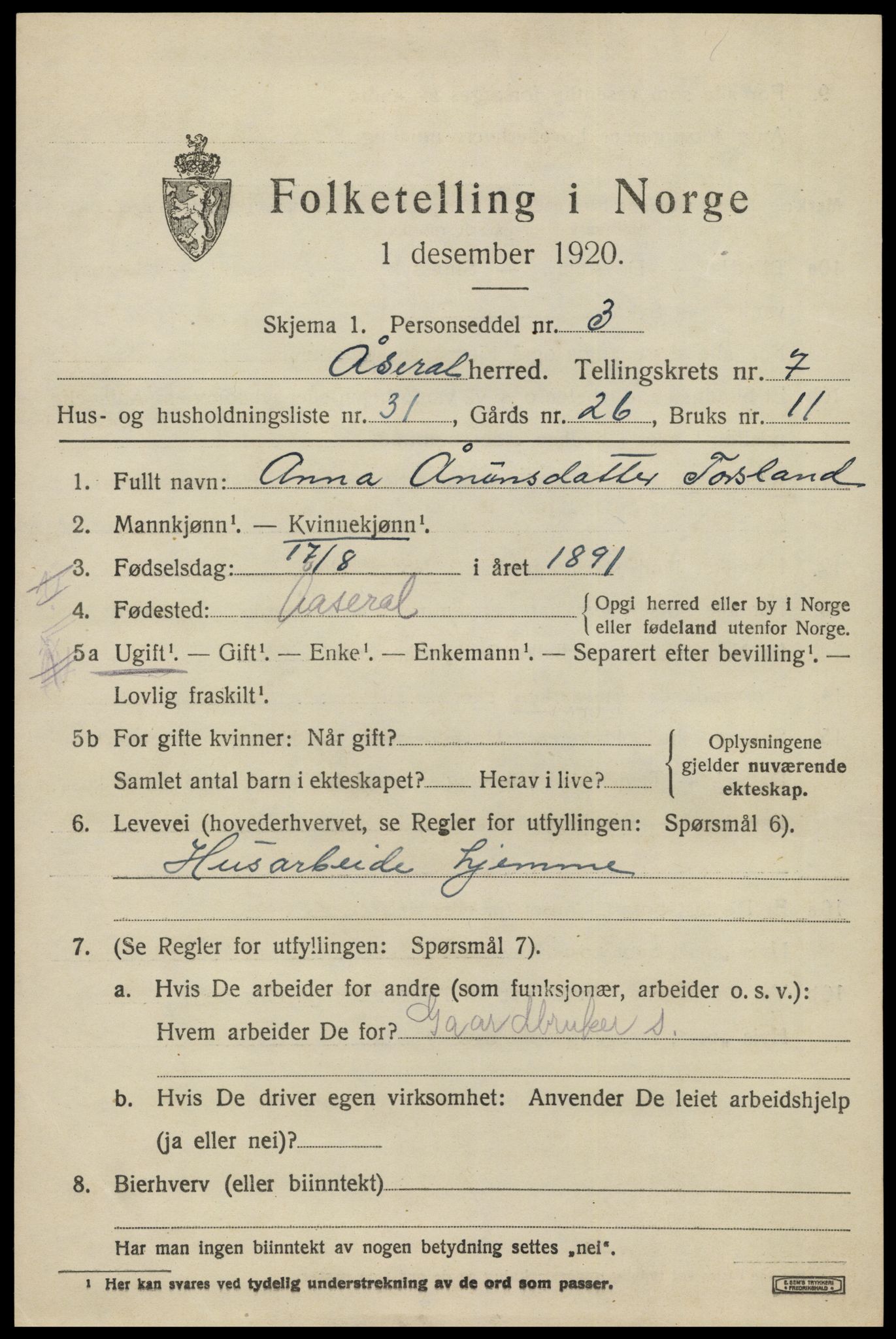 SAK, 1920 census for Åseral, 1920, p. 2414