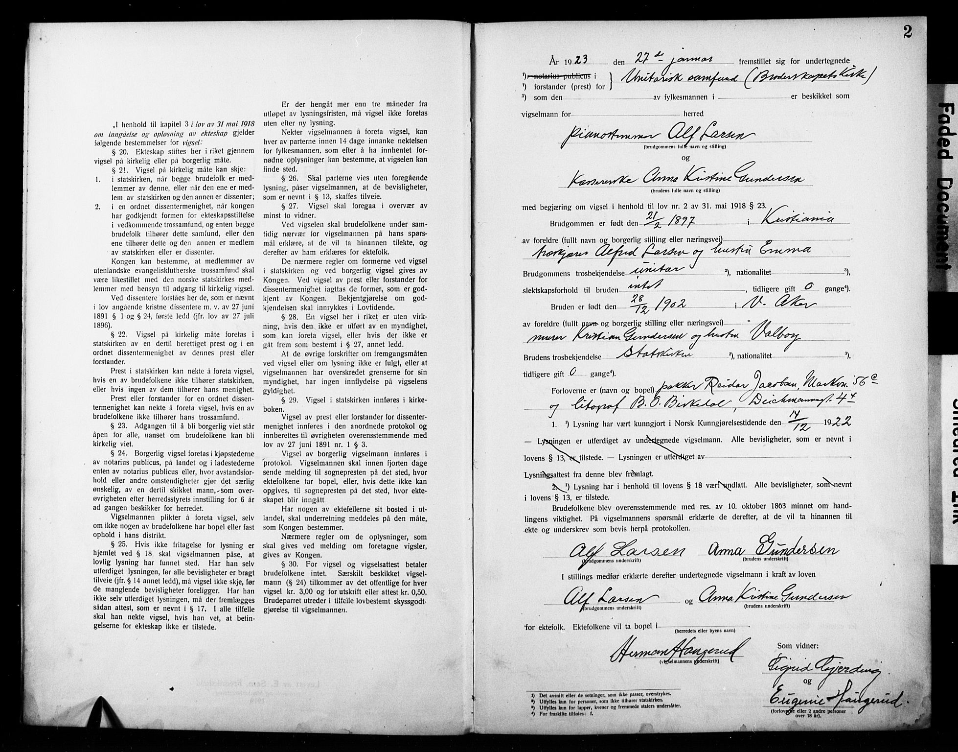 Broderskapets kirke Oslo , SAO/PAO-0221/D/L0002: Marriage register (dissenter) no. 2, 1923-1927, p. 2