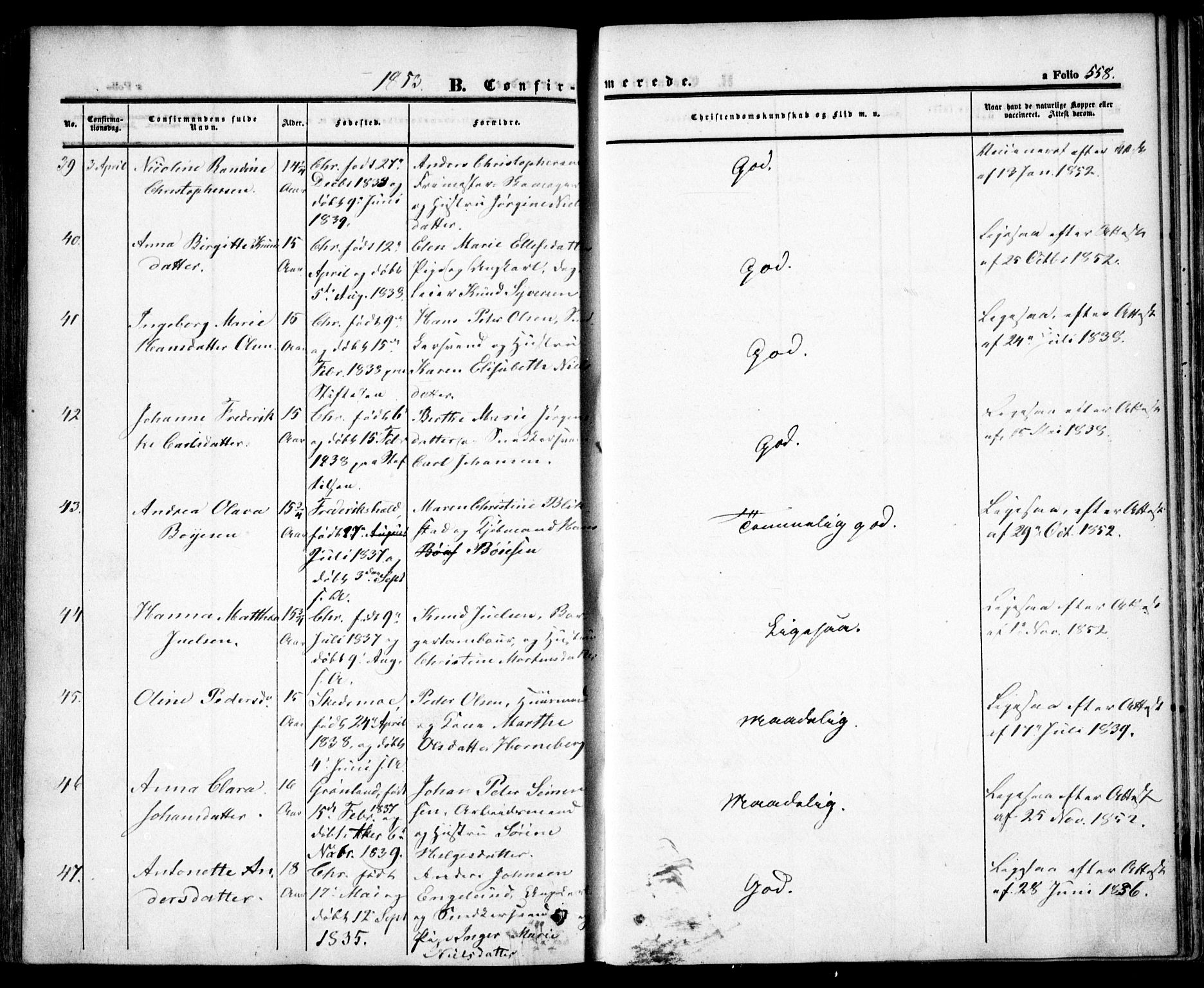 Oslo domkirke Kirkebøker, SAO/A-10752/F/Fa/L0013: Parish register (official) no. 13, 1844-1864, p. 558