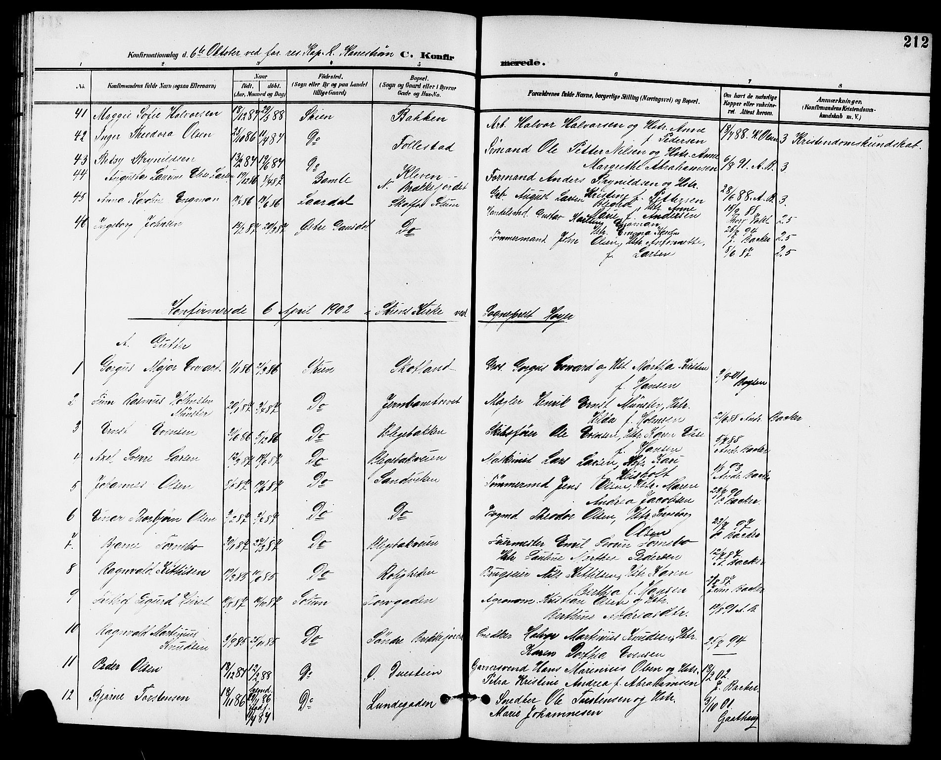 Skien kirkebøker, SAKO/A-302/G/Ga/L0008: Parish register (copy) no. 8, 1900-1910, p. 212