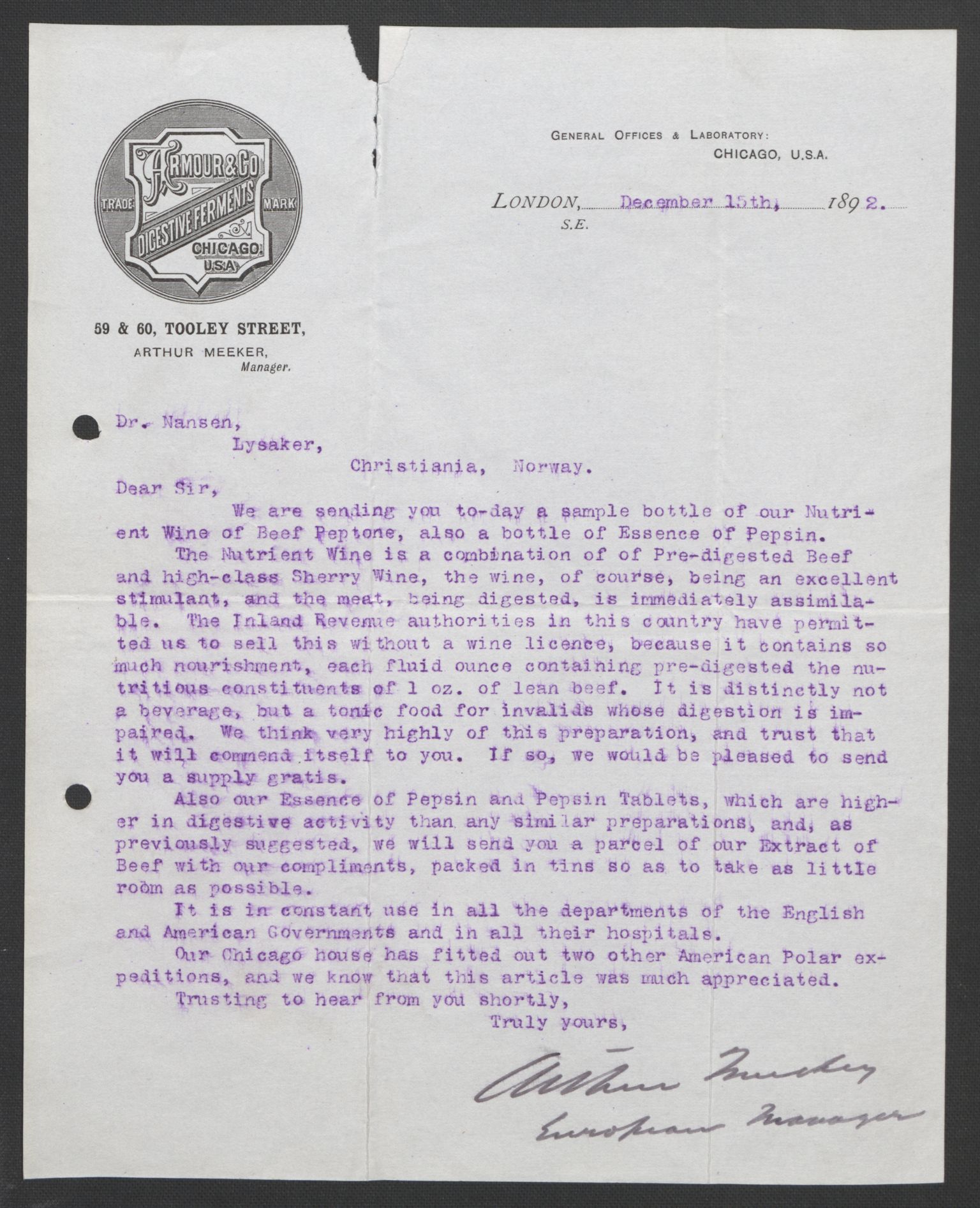 Arbeidskomitéen for Fridtjof Nansens polarekspedisjon, AV/RA-PA-0061/D/L0004: Innk. brev og telegrammer vedr. proviant og utrustning, 1892-1893, p. 21