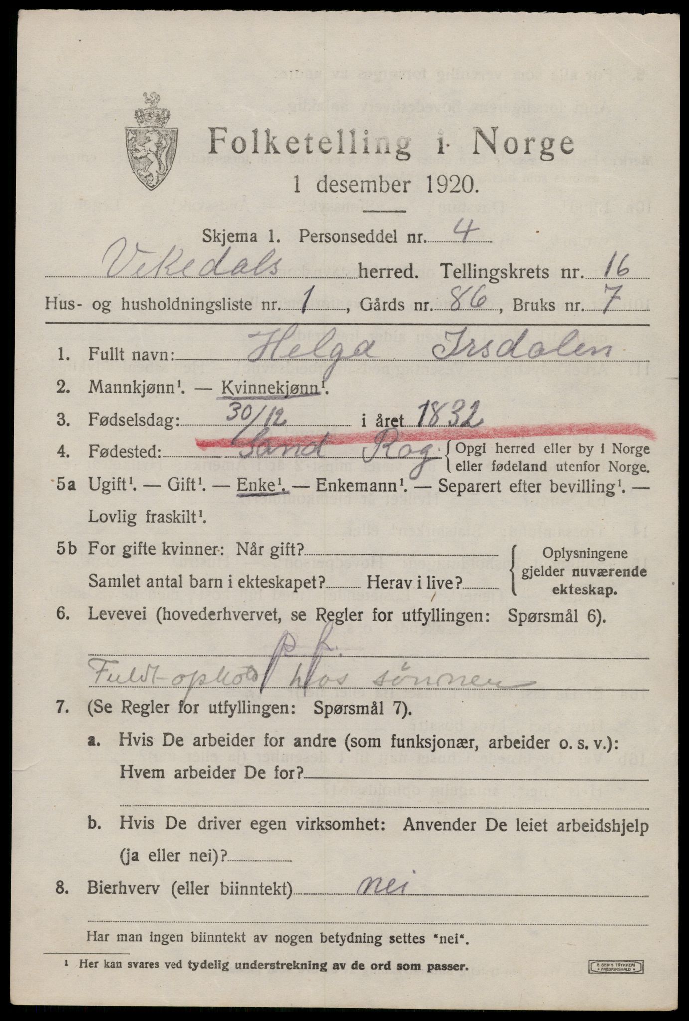 SAST, 1920 census for Vikedal, 1920, p. 4781