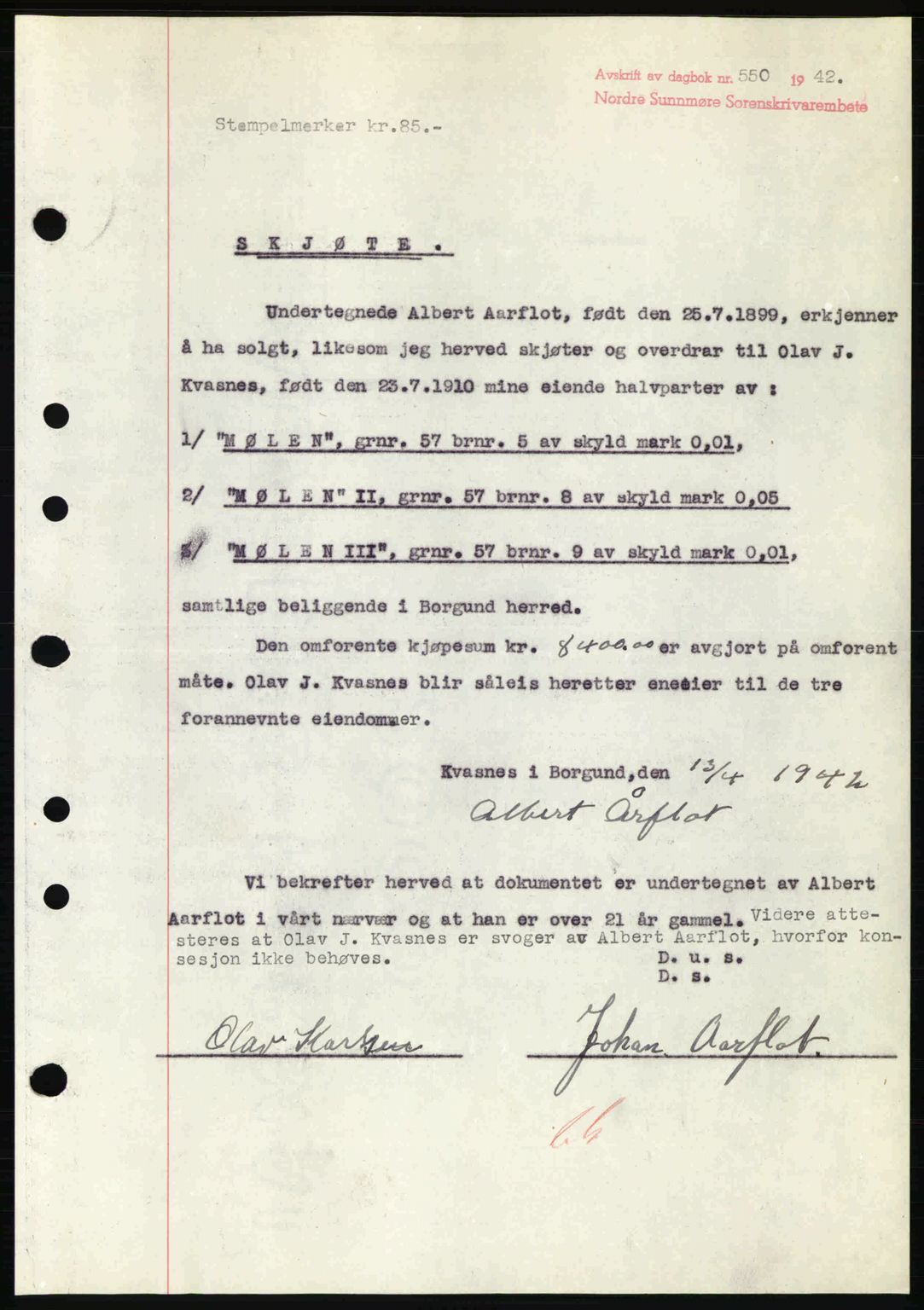 Nordre Sunnmøre sorenskriveri, AV/SAT-A-0006/1/2/2C/2Ca: Mortgage book no. A13, 1942-1942, Diary no: : 550/1942