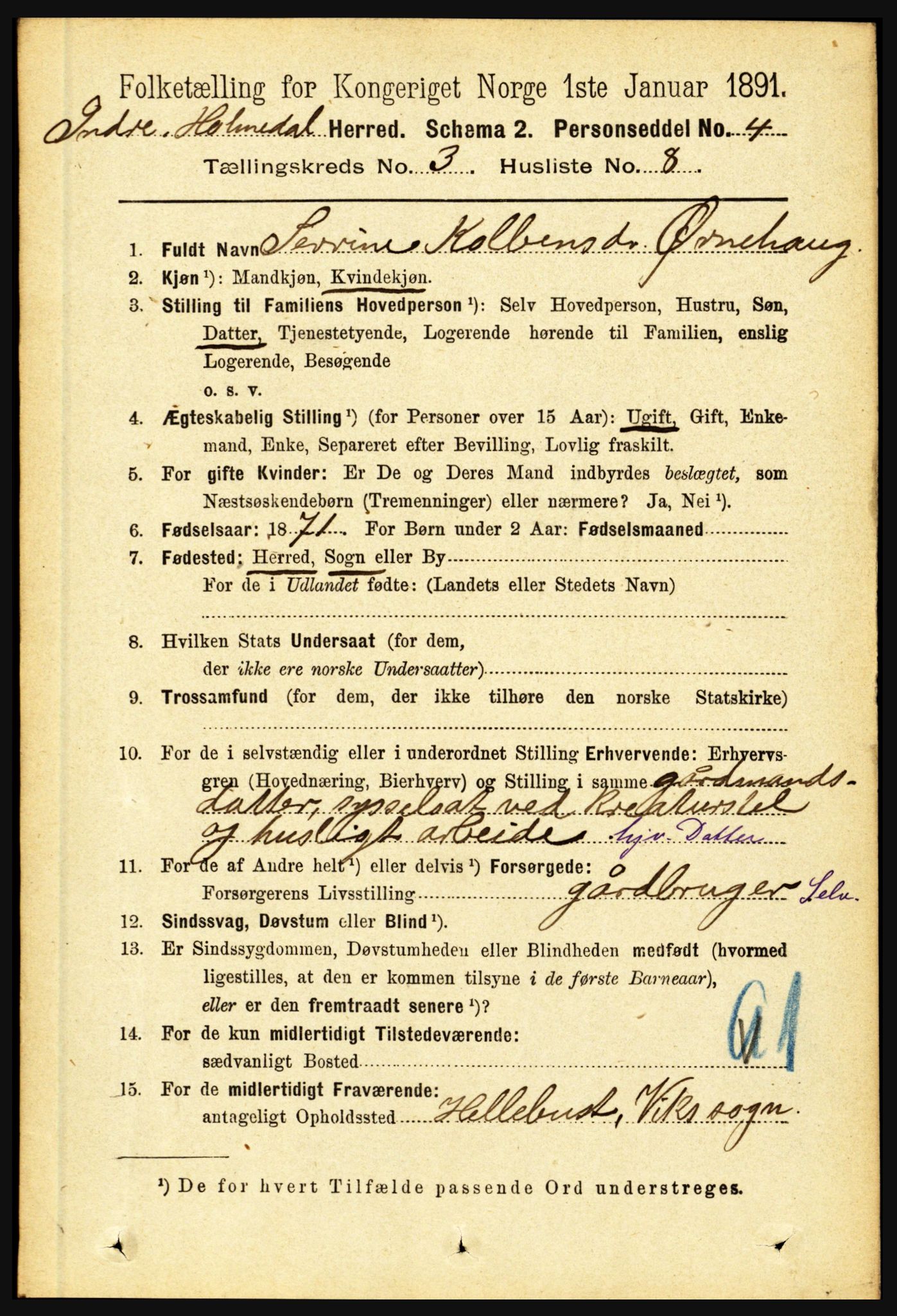 RA, 1891 census for 1430 Indre Holmedal, 1891, p. 941