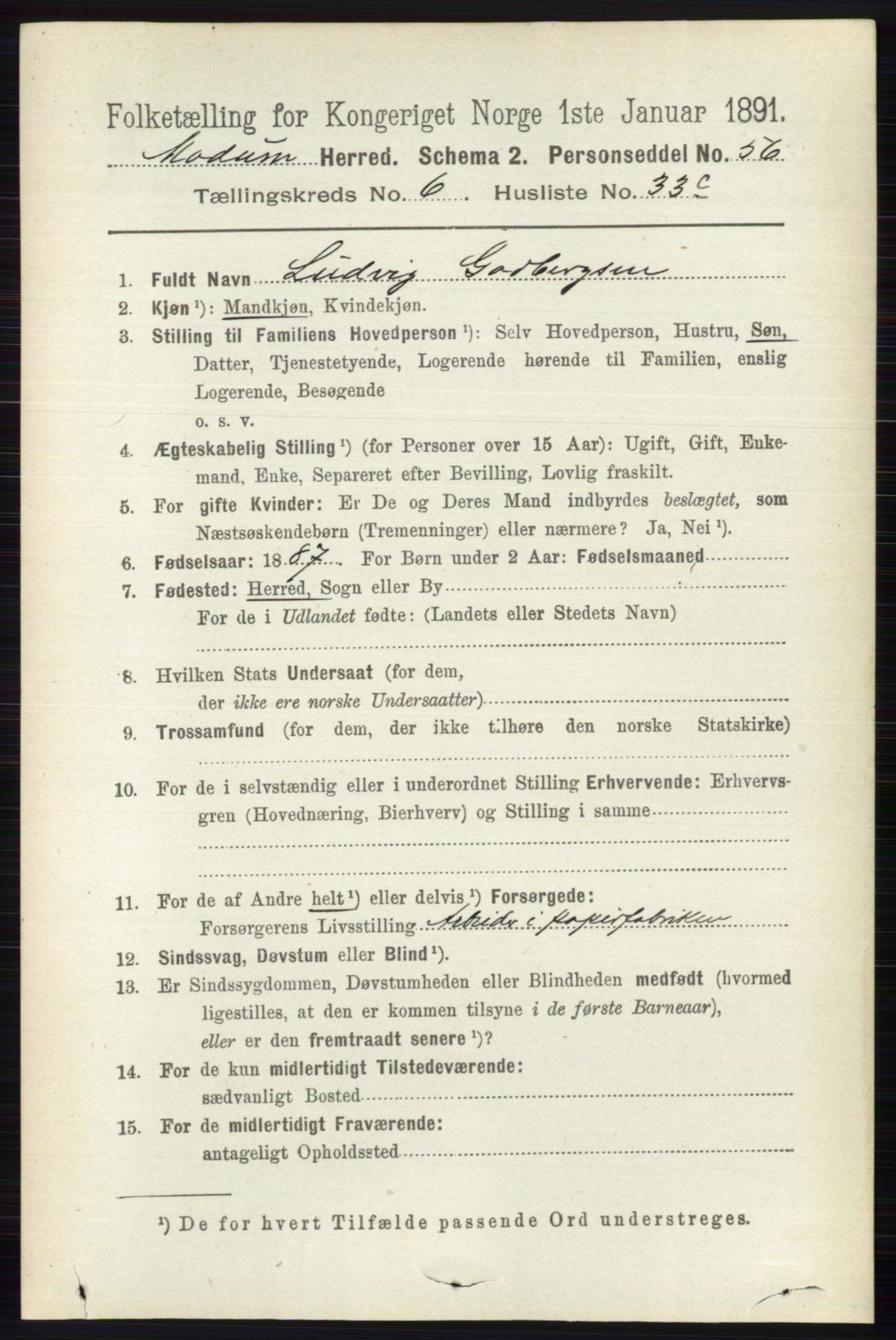 RA, 1891 census for 0623 Modum, 1891, p. 2443