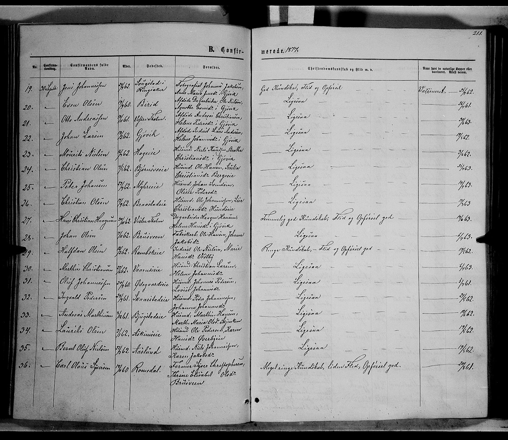 Vardal prestekontor, SAH/PREST-100/H/Ha/Hab/L0006: Parish register (copy) no. 6, 1869-1881, p. 211