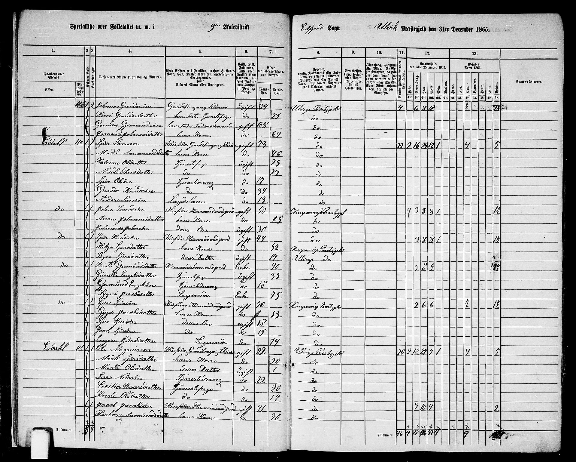 RA, 1865 census for Ulvik, 1865, p. 14