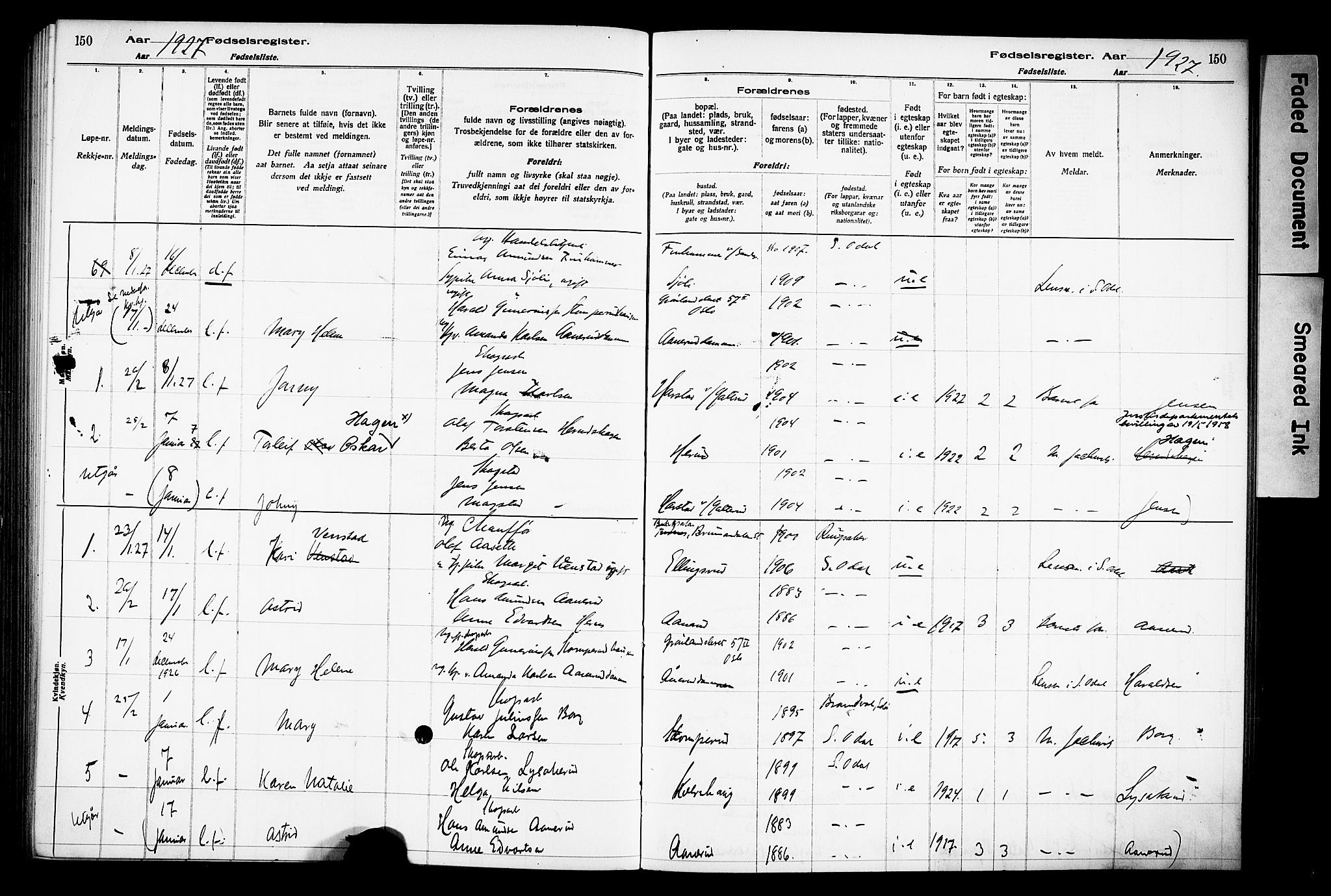 Sør-Odal prestekontor, AV/SAH-PREST-030/I/Id: Birth register no. 1, 1916-1931, p. 150