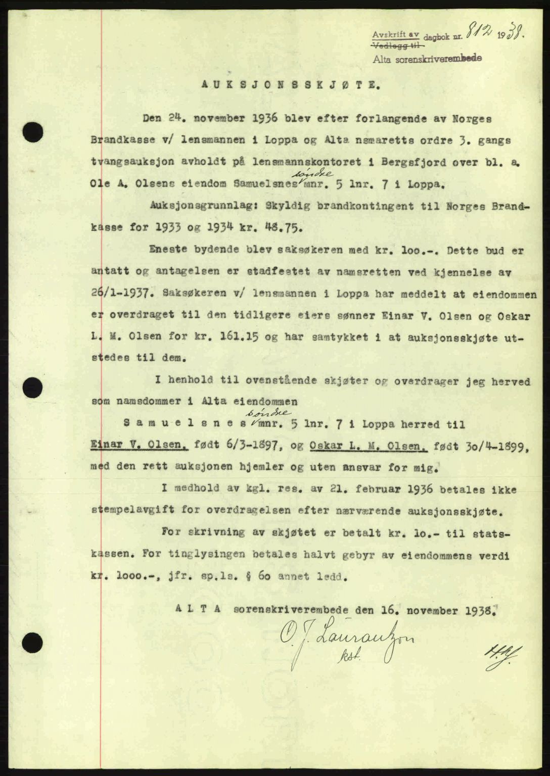 Alta fogderi/sorenskriveri, SATØ/SATØ-5/1/K/Kd/L0031pantebok: Mortgage book no. 31, 1938-1939, Diary no: : 812/1938