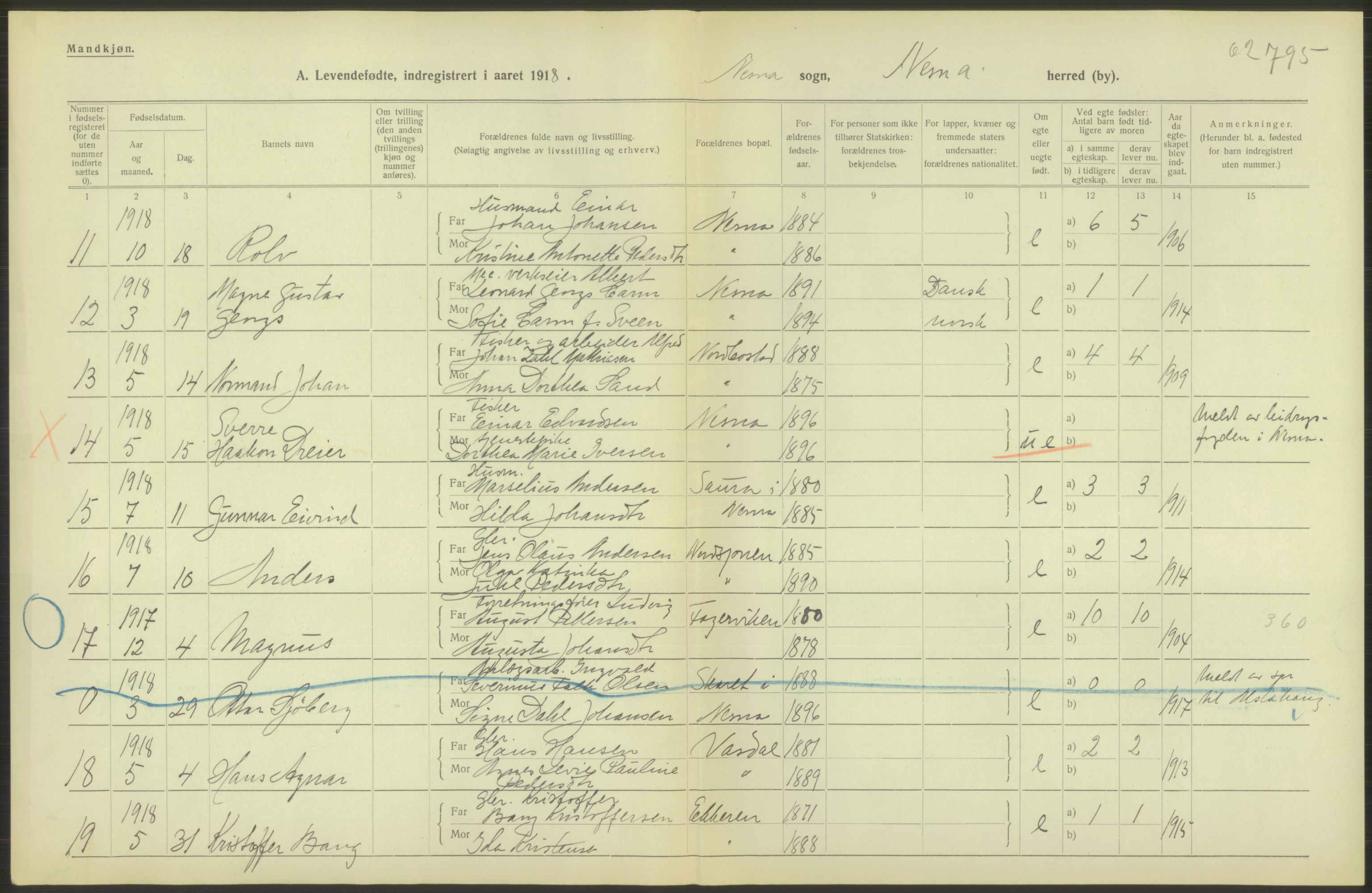 Statistisk sentralbyrå, Sosiodemografiske emner, Befolkning, AV/RA-S-2228/D/Df/Dfb/Dfbh/L0052: Nordland fylke: Levendefødte menn og kvinner. Bygder., 1918, p. 122