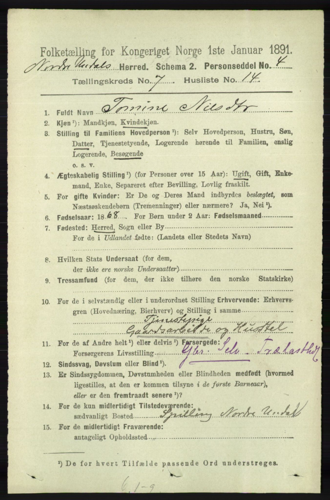 RA, 1891 census for 1028 Nord-Audnedal, 1891, p. 1874