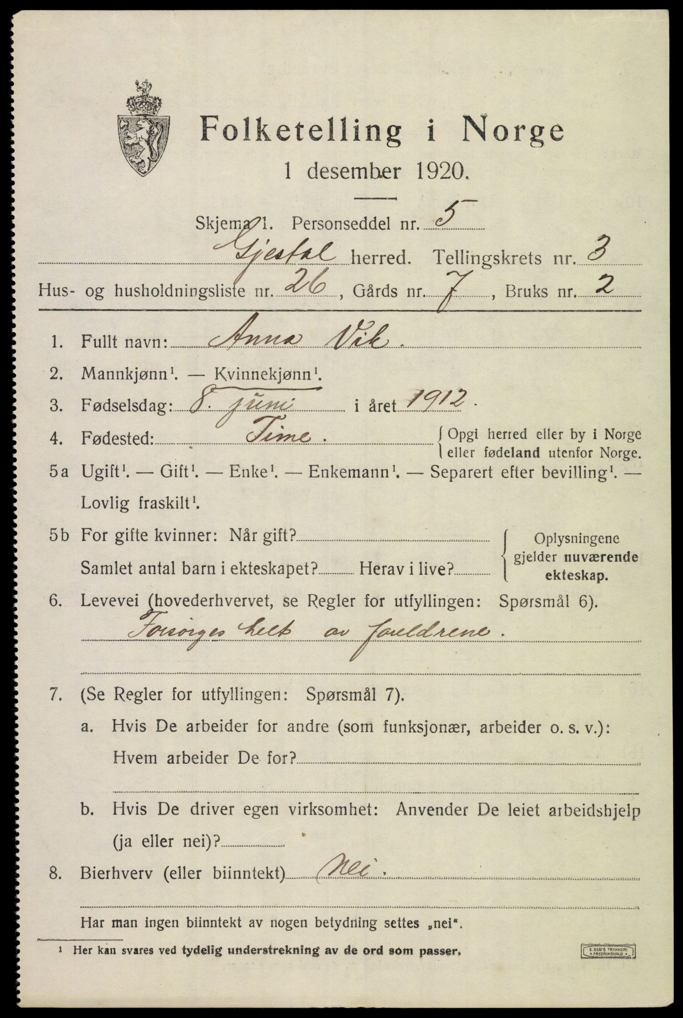 SAST, 1920 census for Gjesdal, 1920, p. 2514