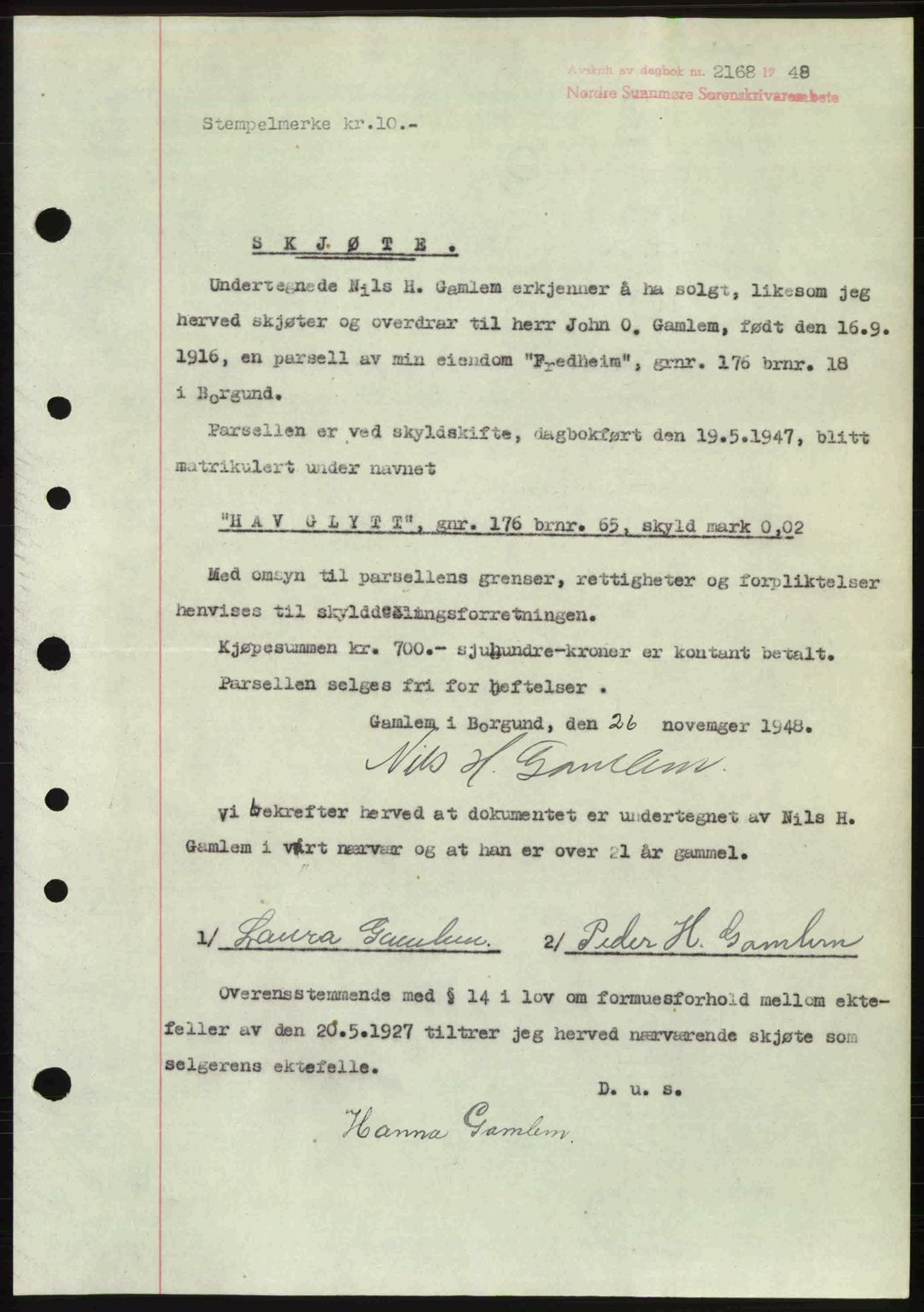 Nordre Sunnmøre sorenskriveri, AV/SAT-A-0006/1/2/2C/2Ca: Mortgage book no. A29, 1948-1949, Diary no: : 2168/1948