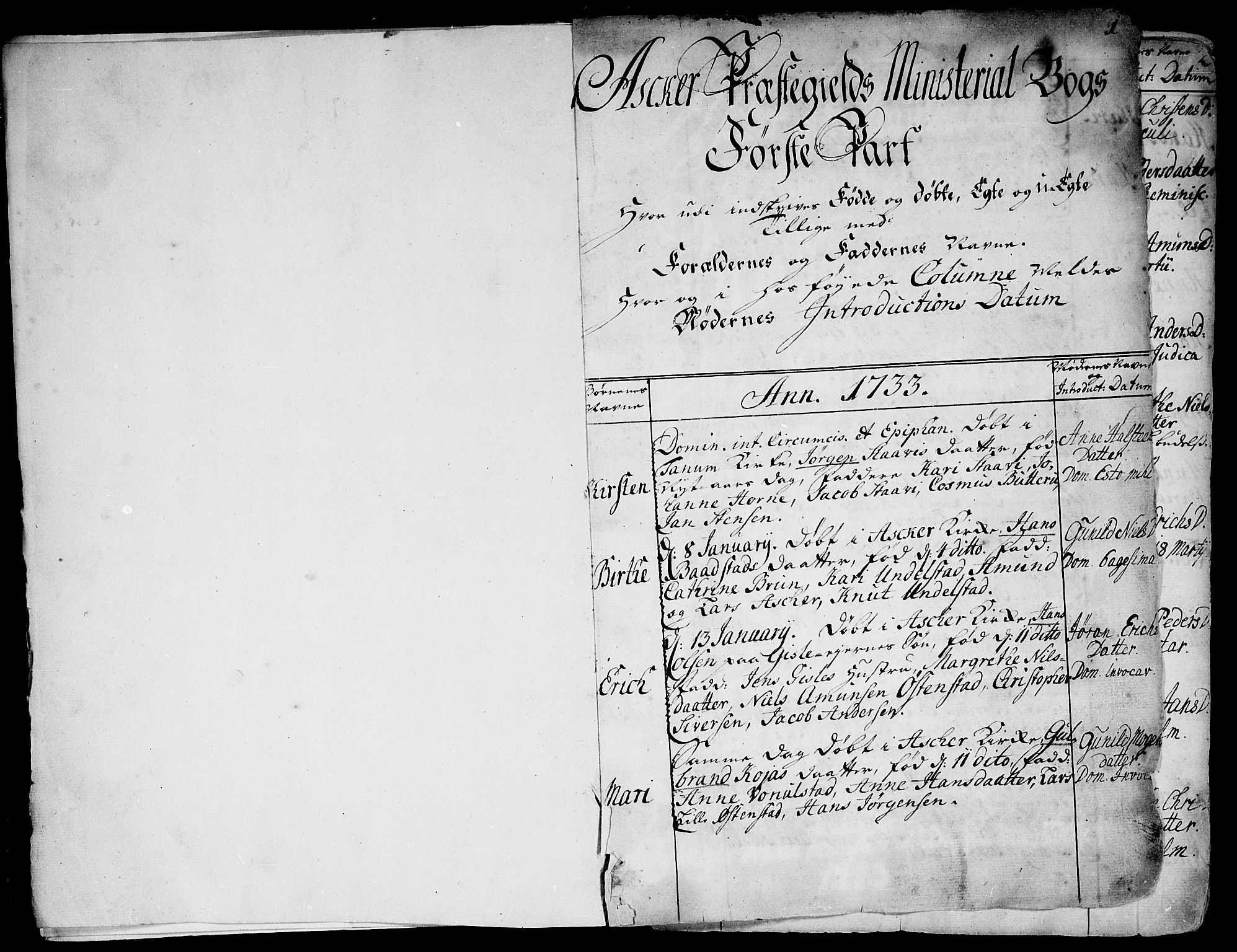 Asker prestekontor Kirkebøker, SAO/A-10256a/F/Fa/L0002: Parish register (official) no. I 2, 1733-1766, p. 1