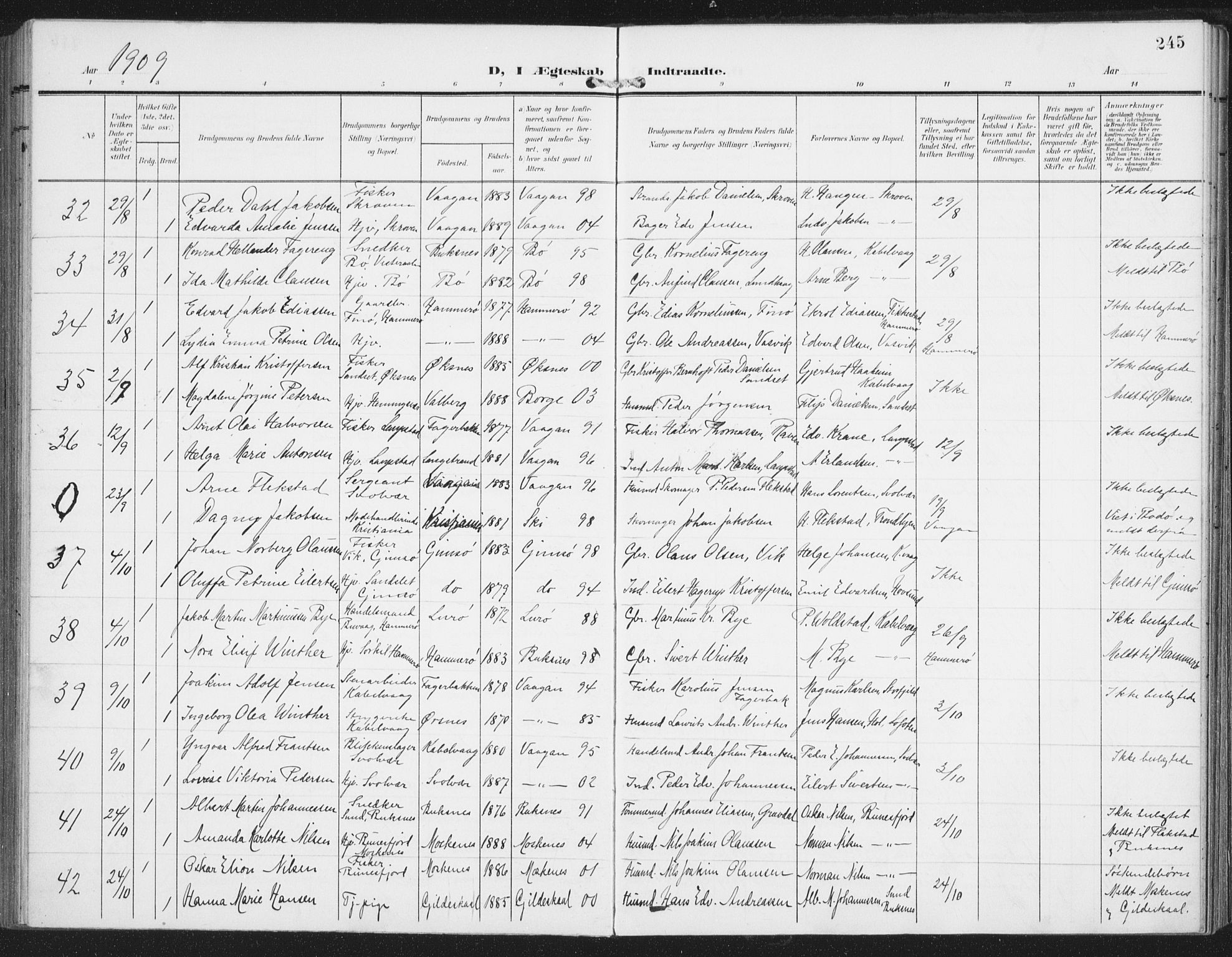 Ministerialprotokoller, klokkerbøker og fødselsregistre - Nordland, SAT/A-1459/874/L1063: Parish register (official) no. 874A07, 1907-1915, p. 245