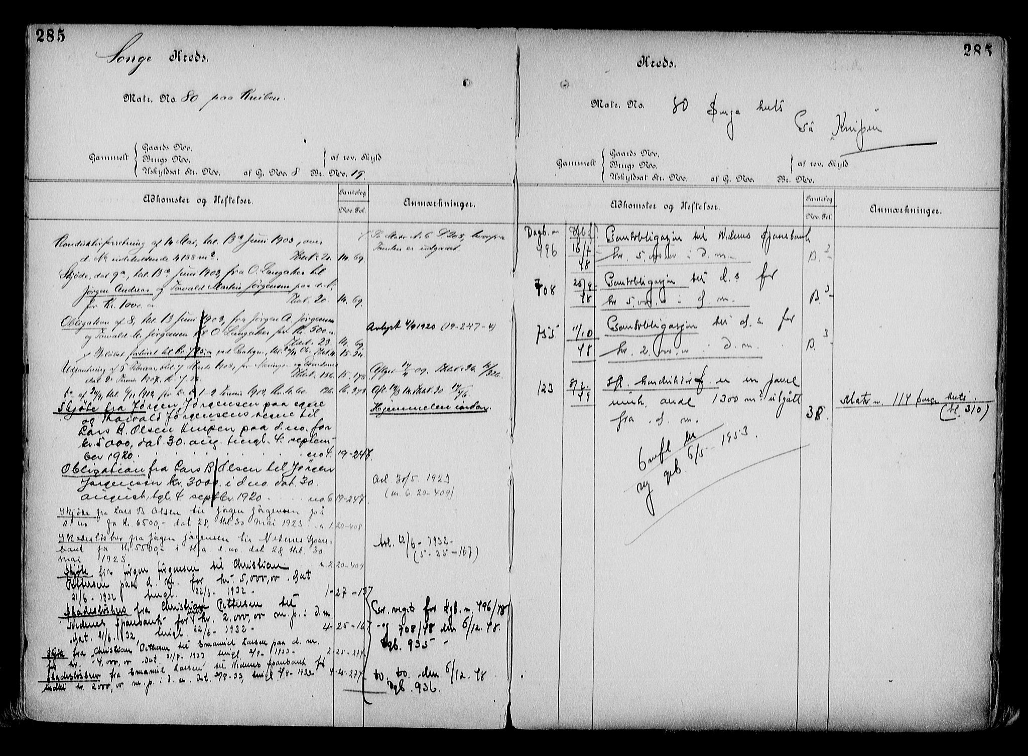 Arendal byfogd, AV/SAK-1222-0001/G/Ga/L0015: Mortgage register no. 13, 1860-1960, p. 285