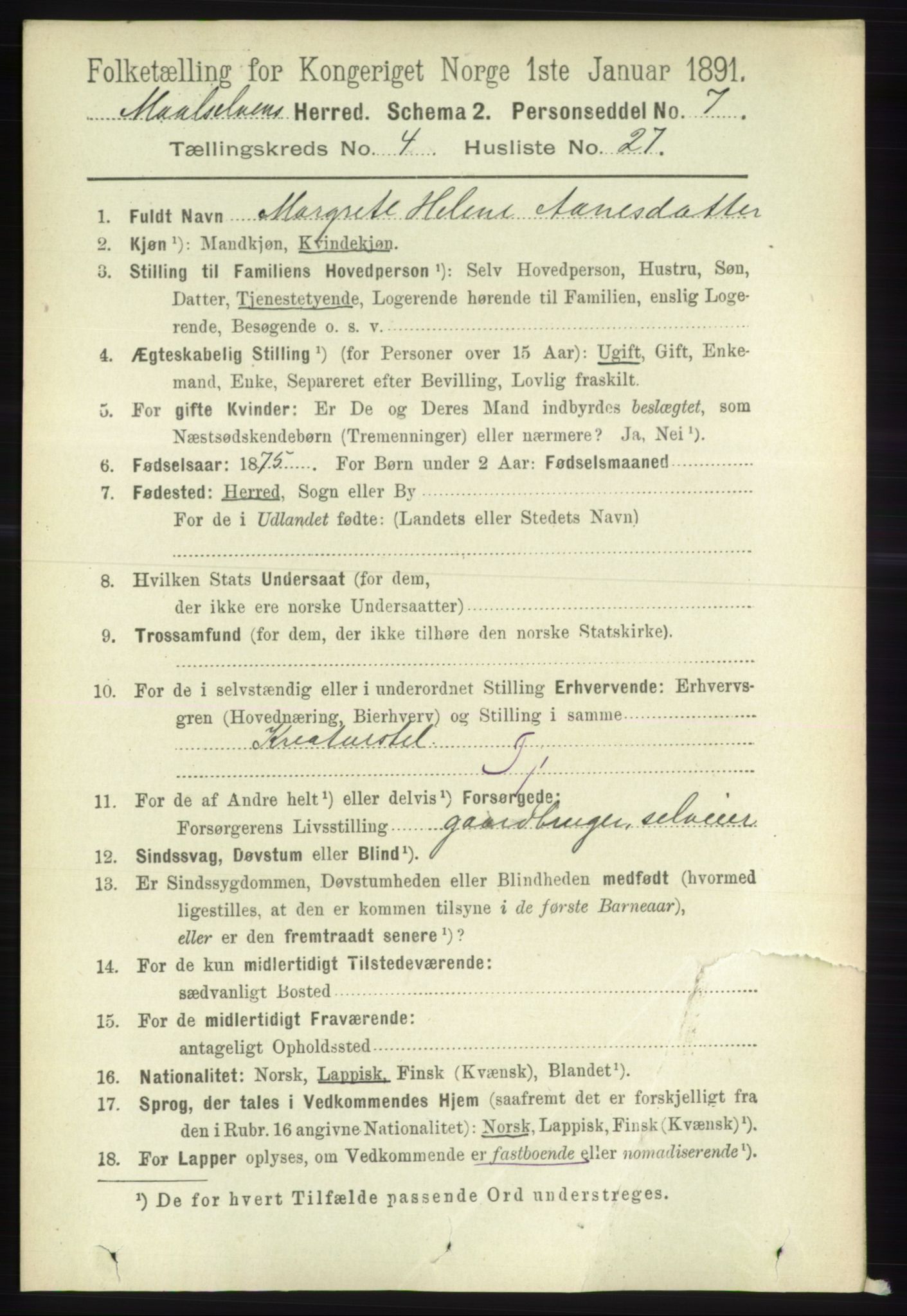 RA, 1891 census for 1924 Målselv, 1891, p. 1283