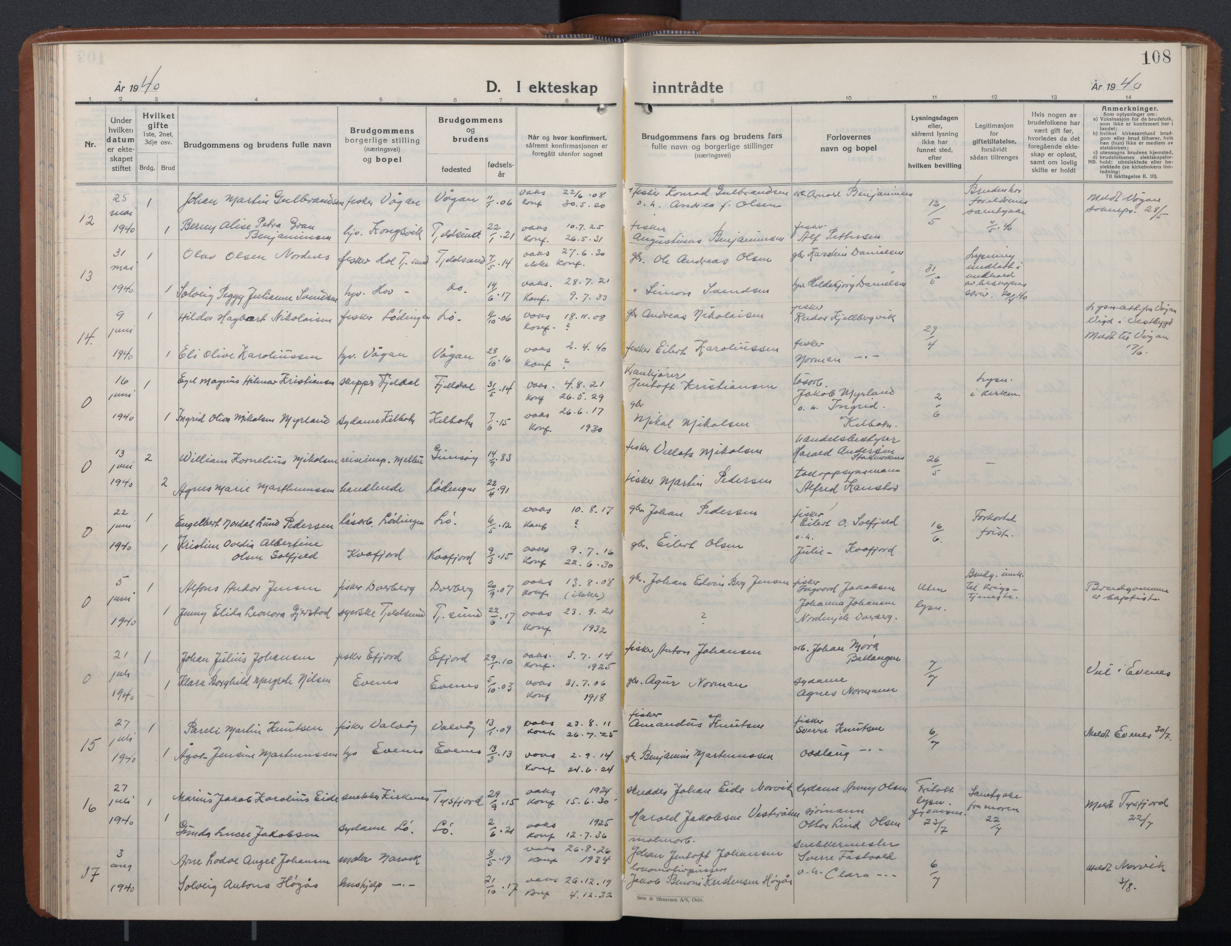 Ministerialprotokoller, klokkerbøker og fødselsregistre - Nordland, AV/SAT-A-1459/872/L1051: Parish register (copy) no. 872C07, 1939-1947, p. 108