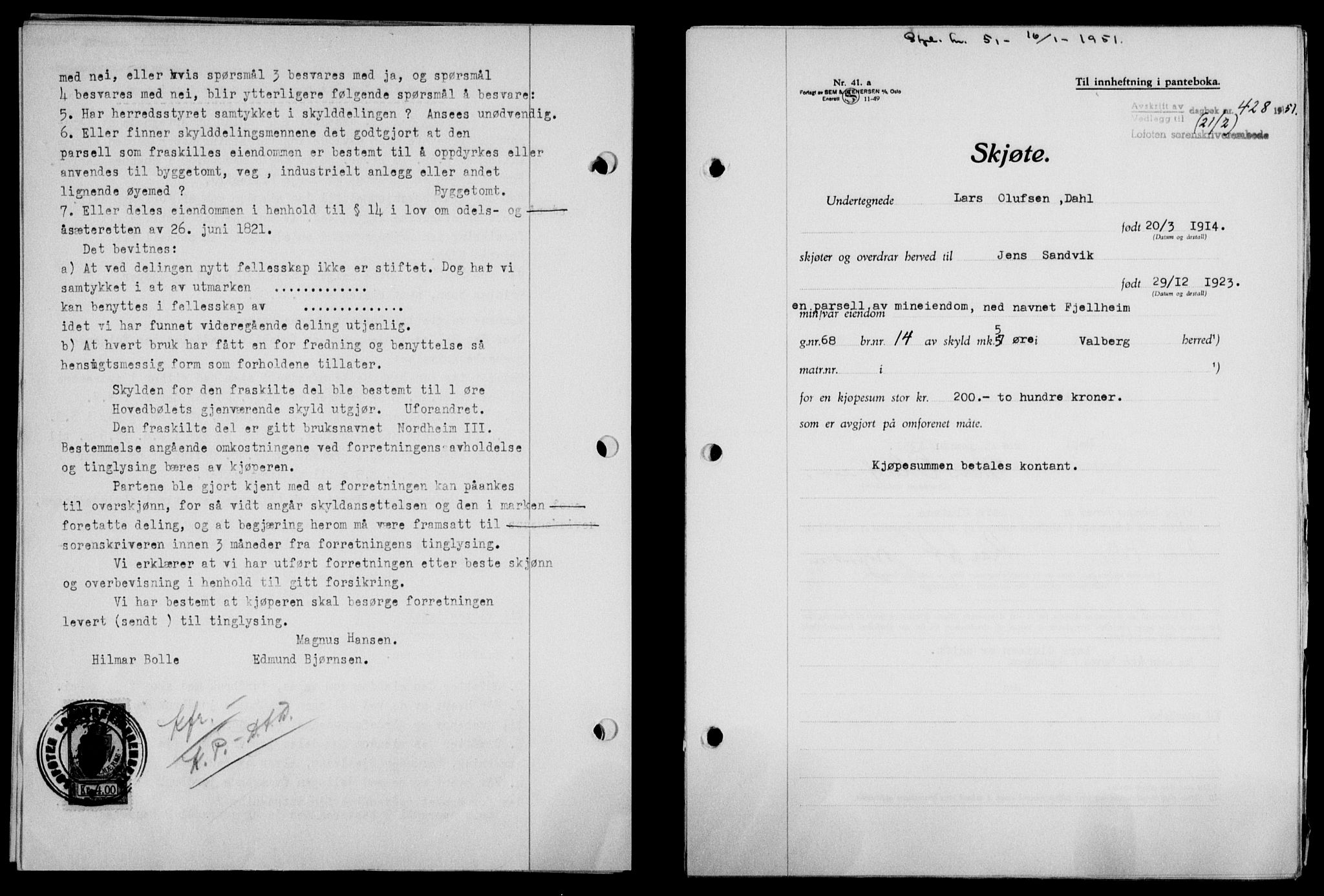 Lofoten sorenskriveri, SAT/A-0017/1/2/2C/L0025a: Mortgage book no. 25a, 1950-1951, Diary no: : 428/1951