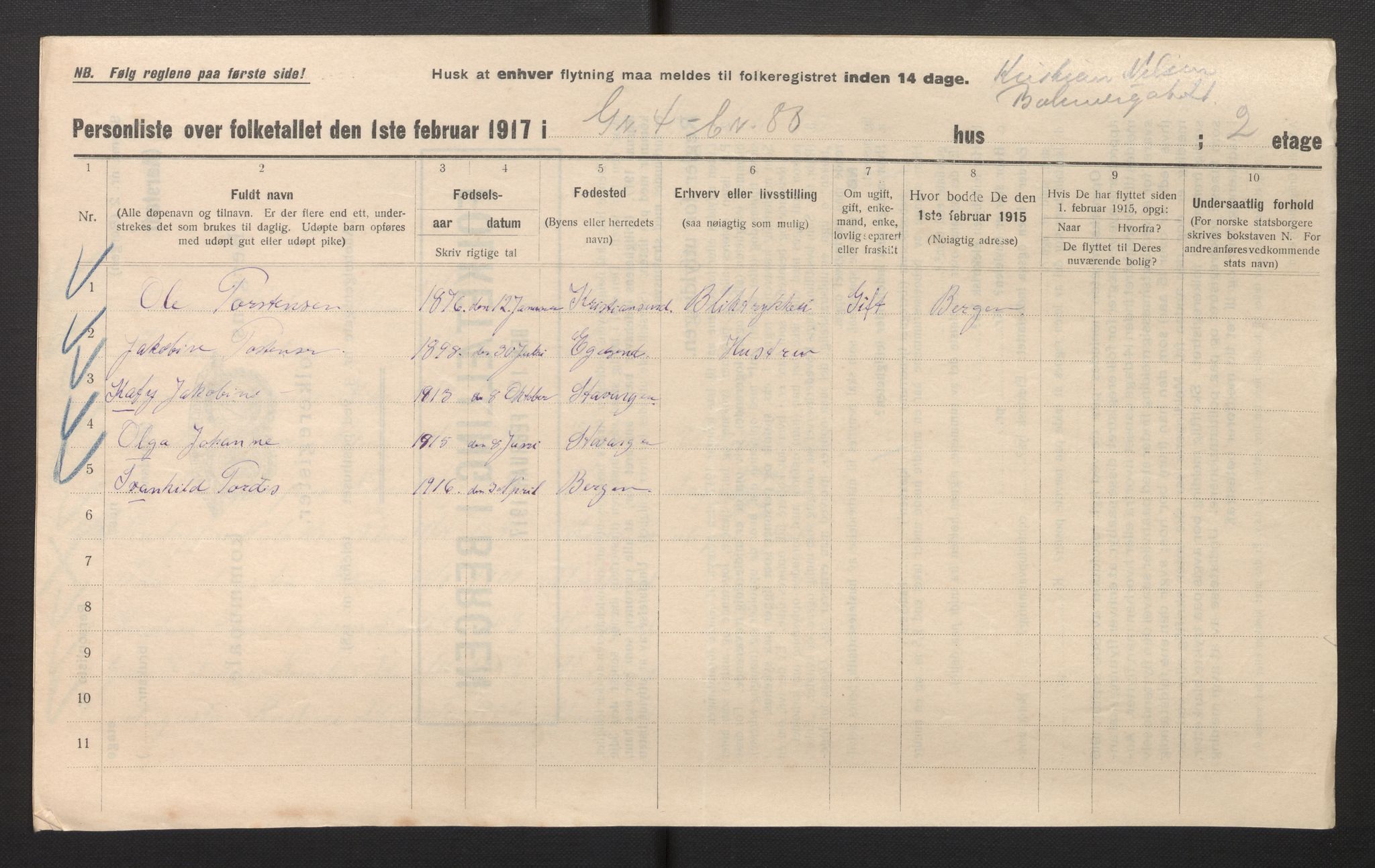 SAB, Municipal Census 1917 for Bergen, 1917, p. 47612