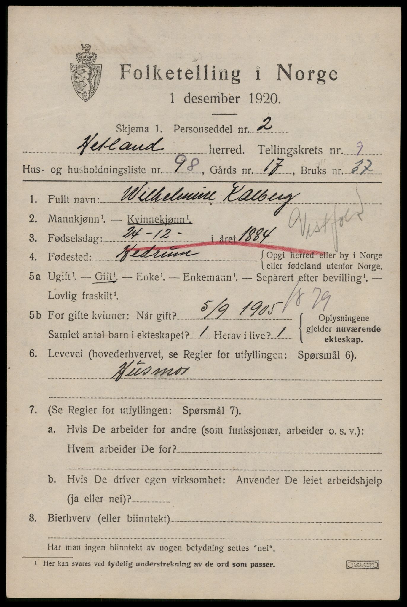 SAST, 1920 census for Hetland, 1920, p. 18901