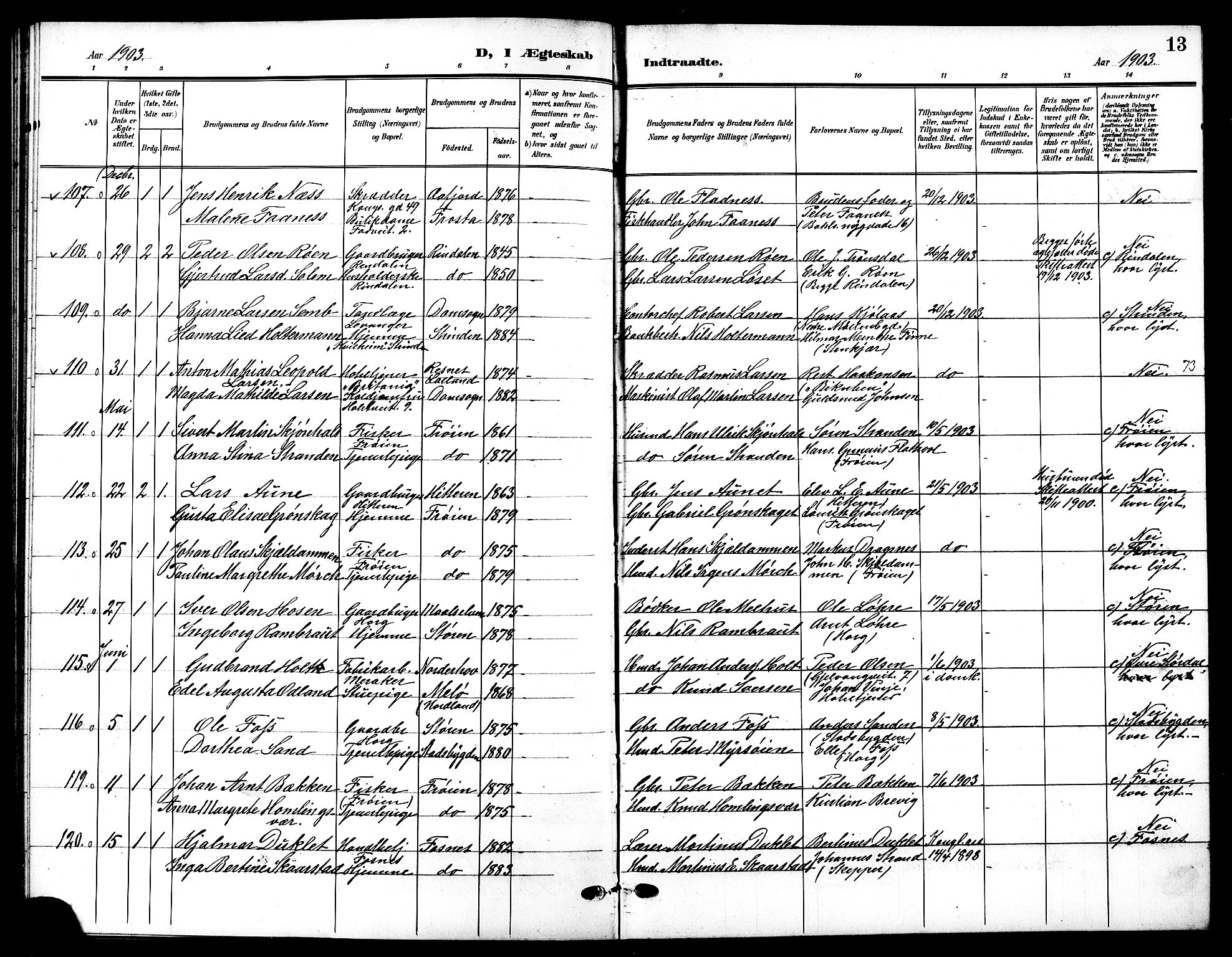 Ministerialprotokoller, klokkerbøker og fødselsregistre - Sør-Trøndelag, SAT/A-1456/601/L0095: Parish register (copy) no. 601C13, 1902-1911, p. 13